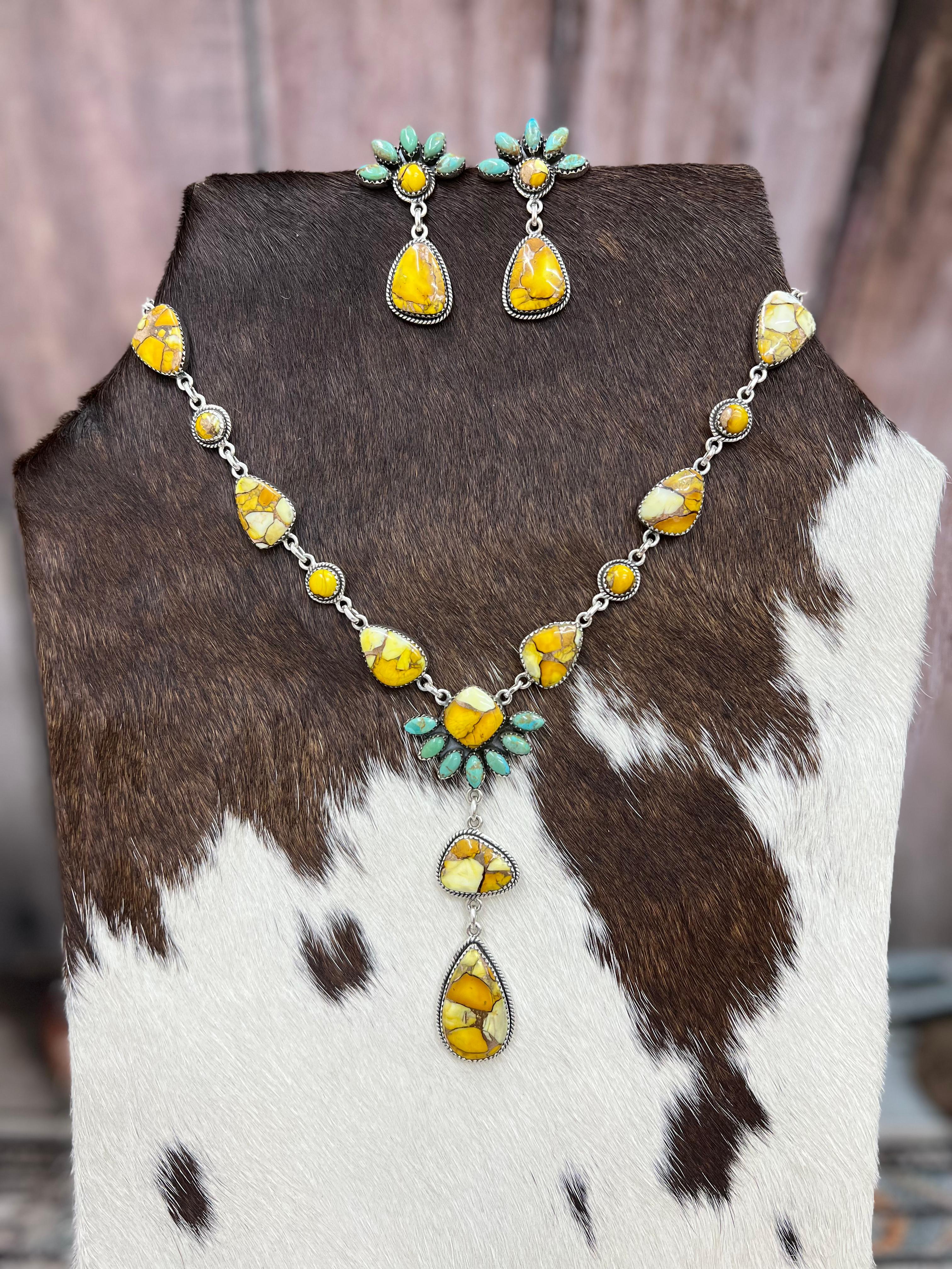 Handmade Sterling Silver Honey Dahlia with Kingman Turquoise Necklace Earrings Set, Signed Nizhoni