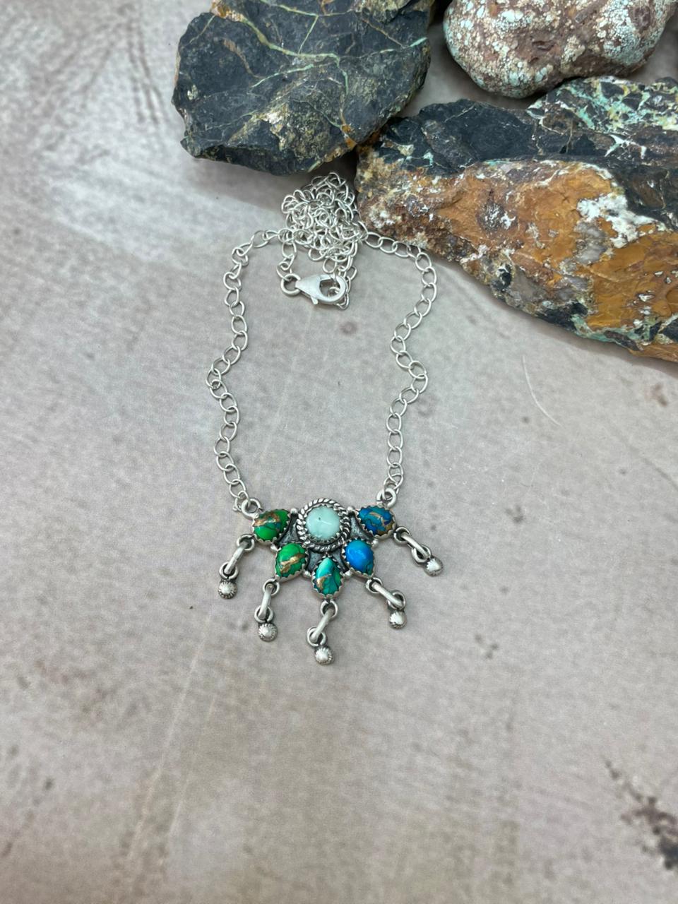 Handmade Sterling Silver Peacock Dahlia with Palomino Necklace "Signed Nizhoni" (8)