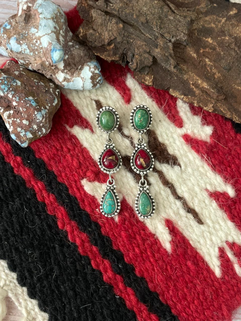 Handmade Sterling Silver Dahlia Rose with Emerald Valley Turquoise Post Earrings "Signed Nizhoni"