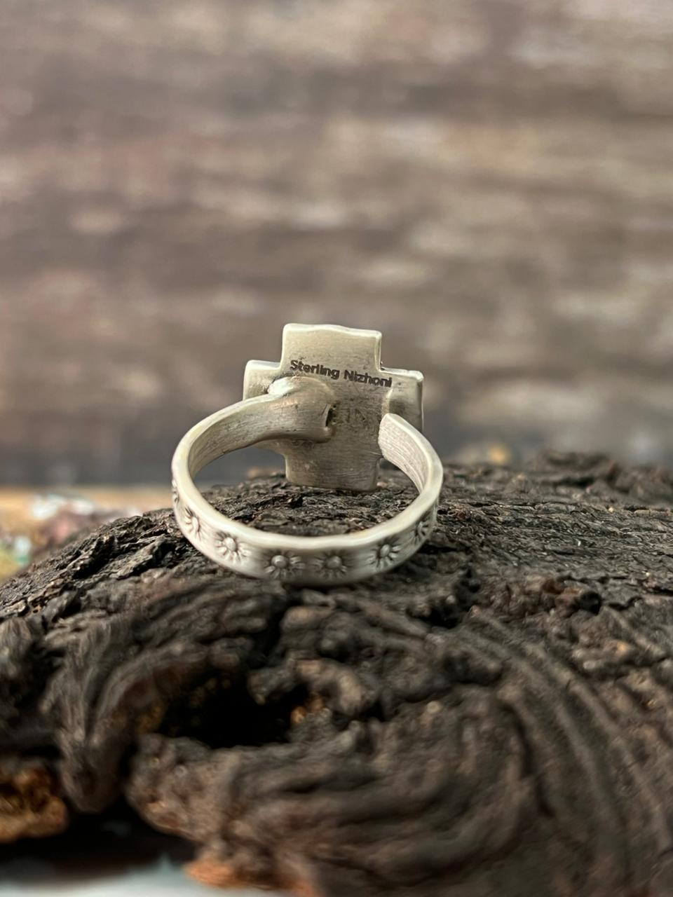 Handmade Sterling Silver Kingman Turquoise Cross Adjustable Ring "Signed Nizhoni"