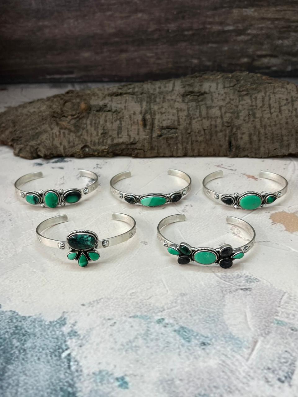 Handmade Sterling Silver Emerald Rose Cuff Bracelet "Signed Nizhoni"