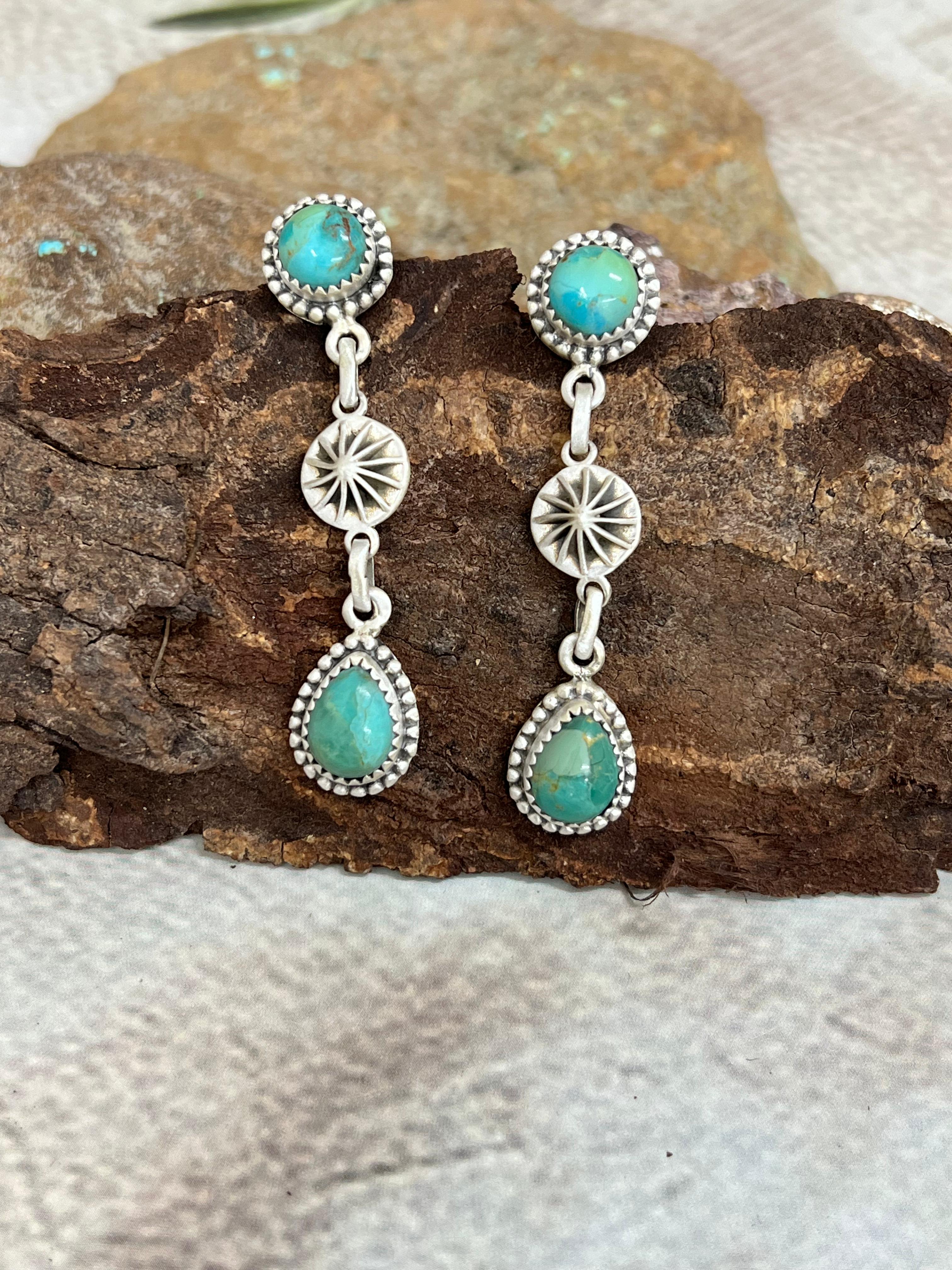 Handmade Sterling Silver Kingman Turquoise Post Dangle Earrings with Signed Nizhoni