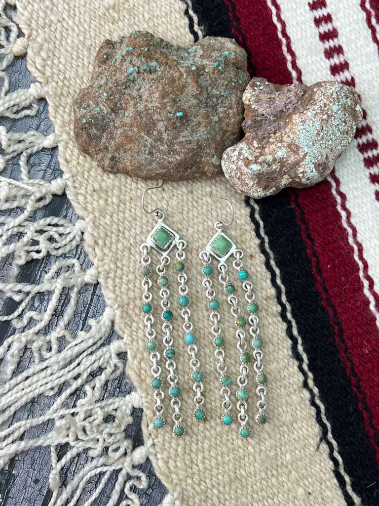 Handmade Sterling Silver Kingman Turquoise Hook Dangle Earrings with Signed Nizhoni