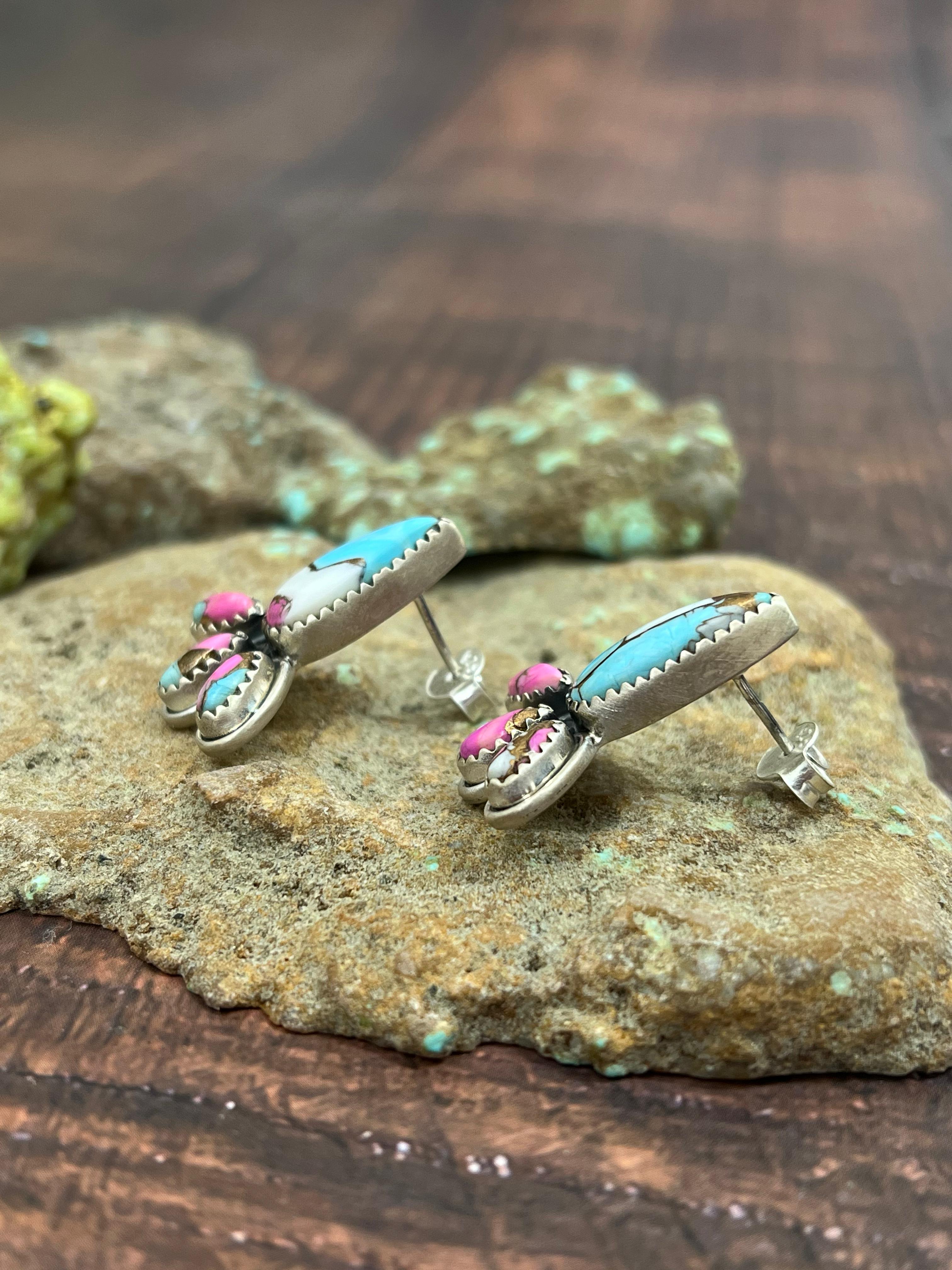 Handmade Sterling Silver Cotton Candy Turquoise Post Earrings with Signed Nizhoni