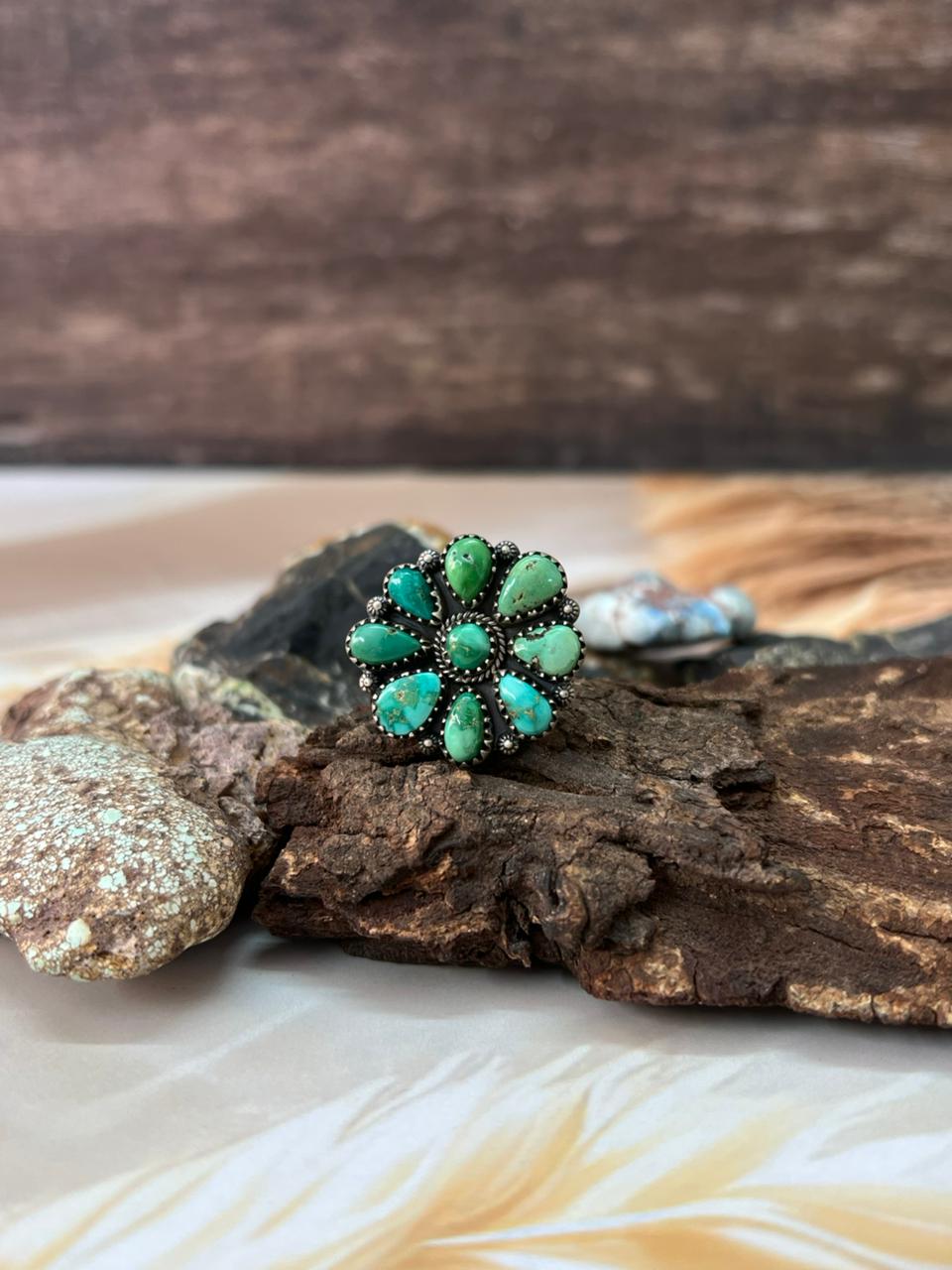 Handmade Sterling Silver Emerald Valley Turquoise Adjustable Ring "Signed Nizhoni"