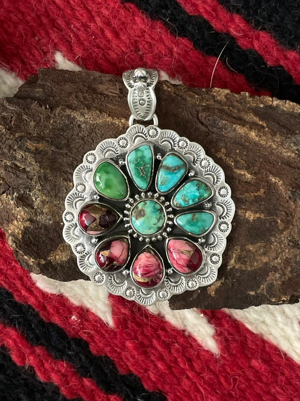 Handmade Sterling Silver Dahlia Rose with Emerald Valley Turquoise Pendant "Signed Nizhoni"