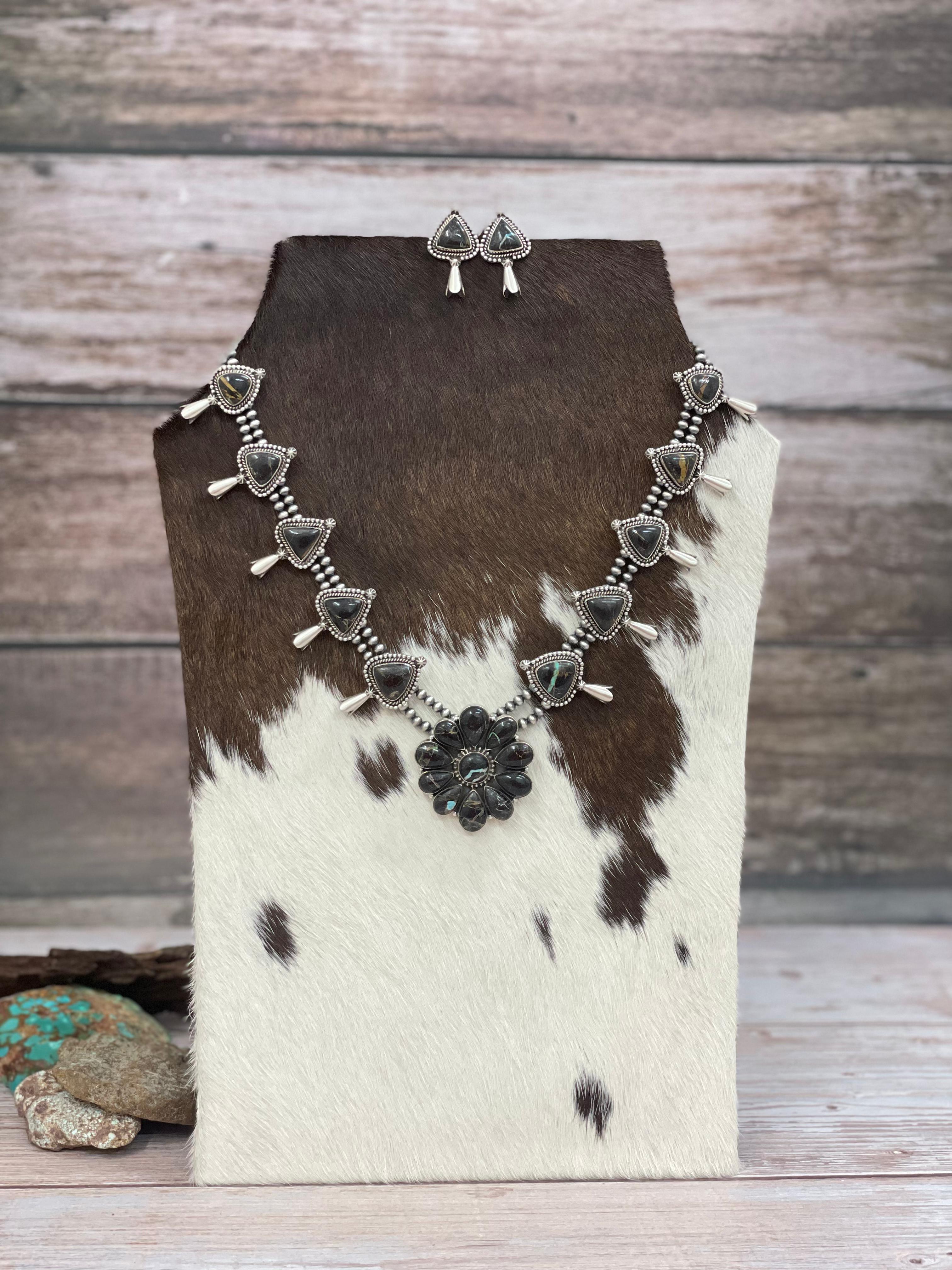 Handmade Sterling Silver Blackjack Turquoise Beaded Necklace Earrings Set with Signed Nizhoni