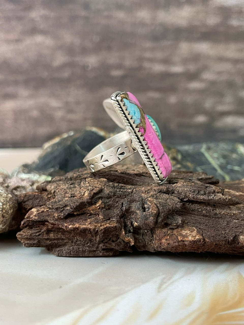Handmade Sterling Silver Spring Collection: Sonoran Mountain Turquoise with Cotton Candy Butterfly Adjustable Ring "Signed Nizhoni"