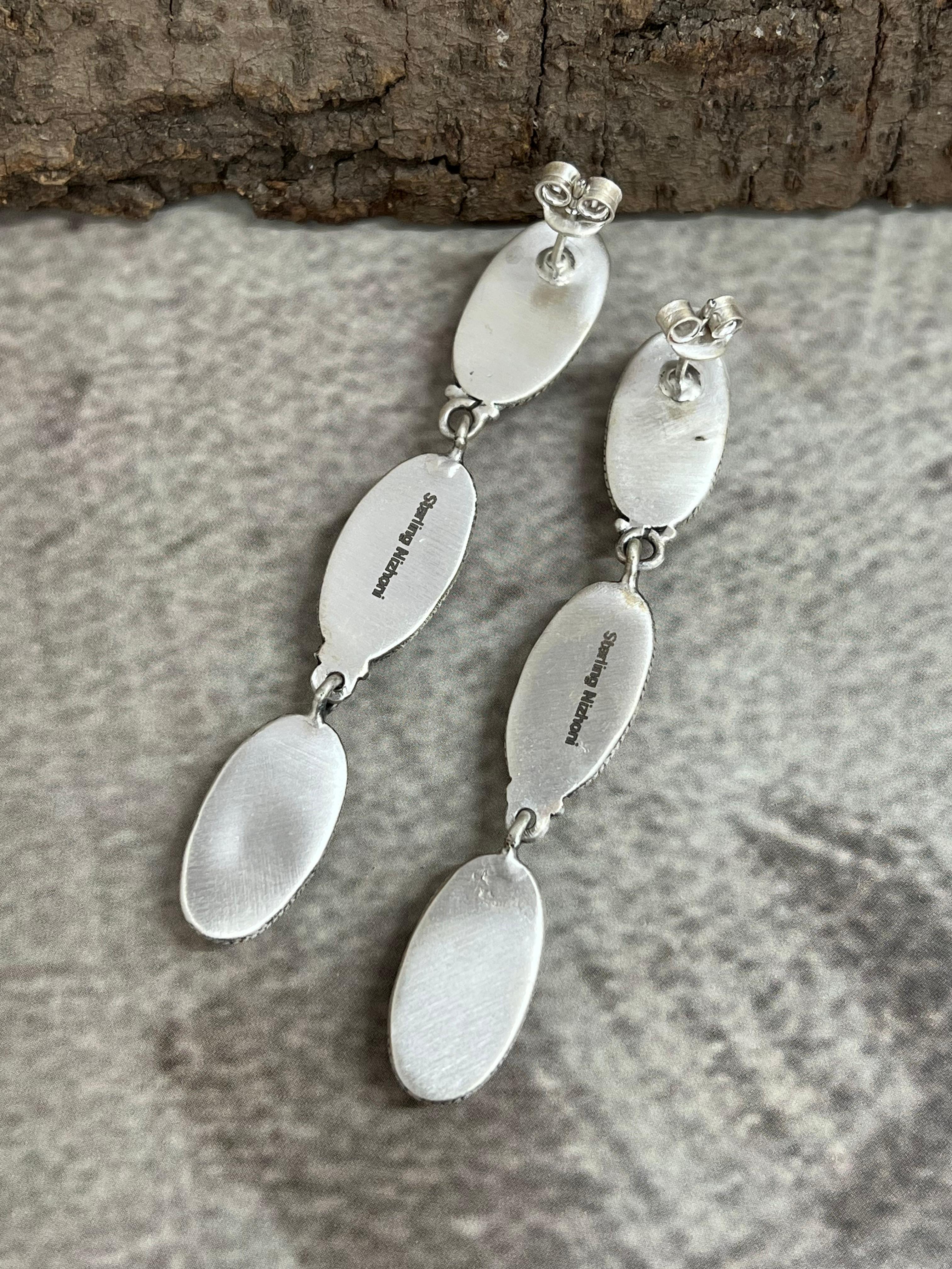 Handmade Sterling Silver Dahlia Rose Post Dangle Earrings with Signed Nizhoni