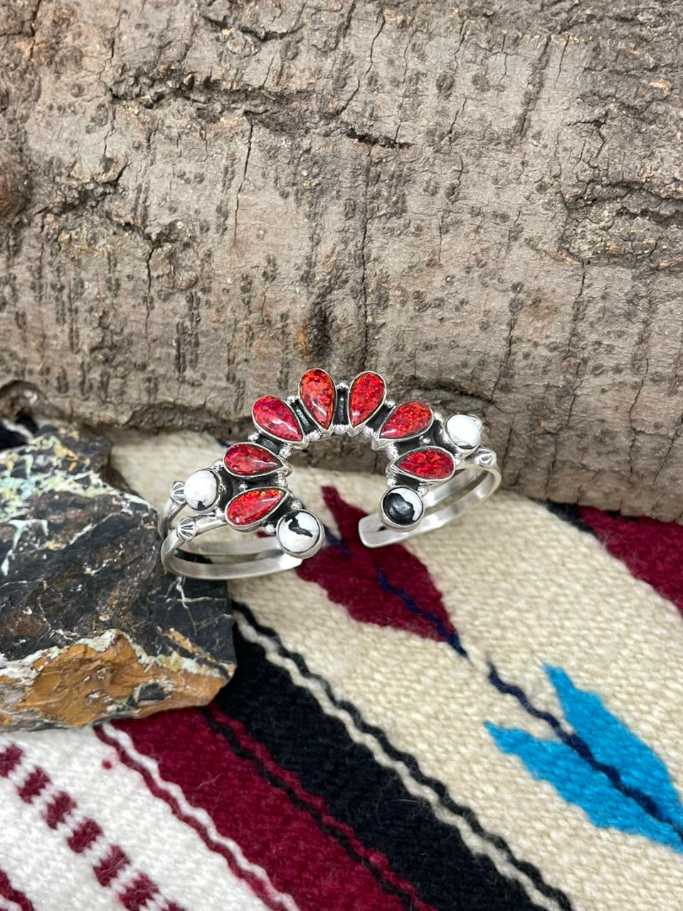 "Christmas Collection" Handmade Sterling Silver White Buffalo With Red Opal Naja Cuff Bracelet "Signed Nizhoni"