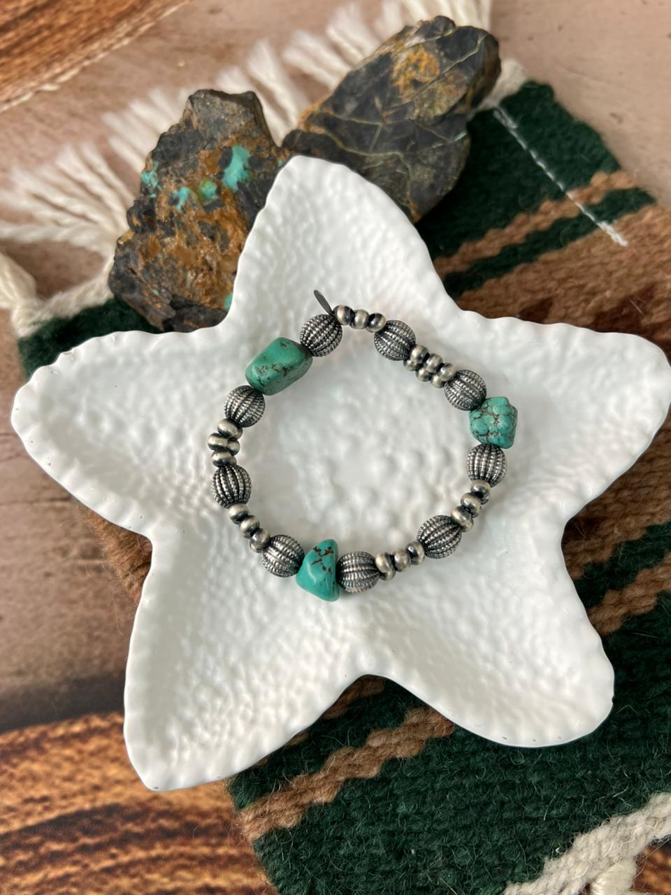 Handmade Sterling Silver Kingman Turquoise Beaded Stretch Bracelet