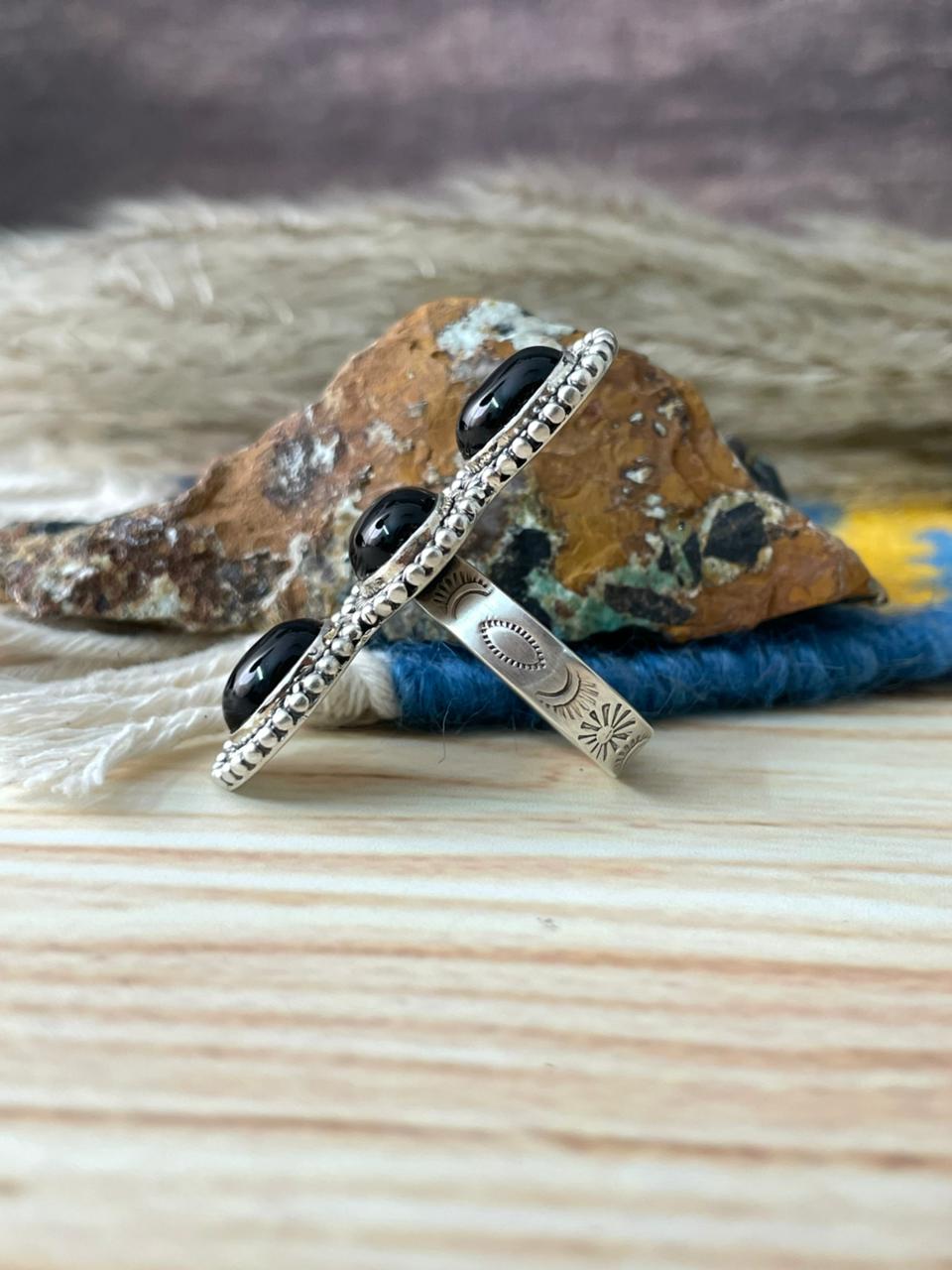 Handmade Sterling Silver Black Onyx Adjustable Ring "Signed Nizhoni"