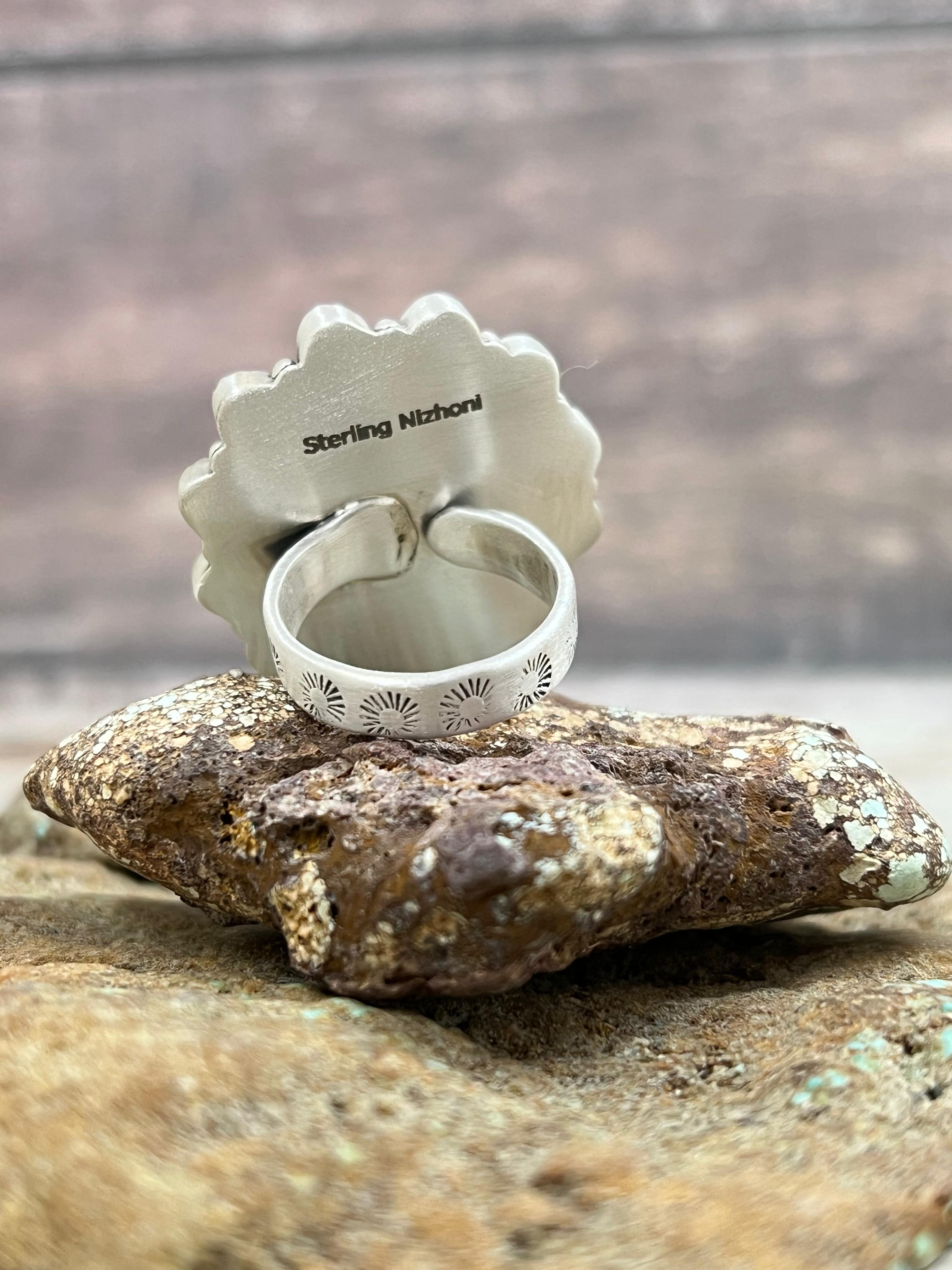 Handmade Sterling Silver Kingman Turquoise Adjustable Ring Signed Nizhoni (7)