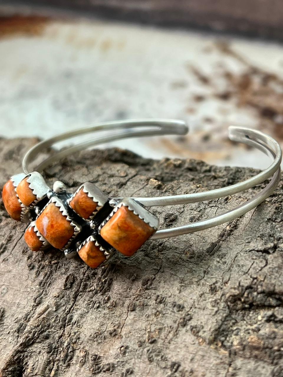 Handmade Sterling Silver Orange Mojave Cuff Bracelet "Signed Nizhoni"