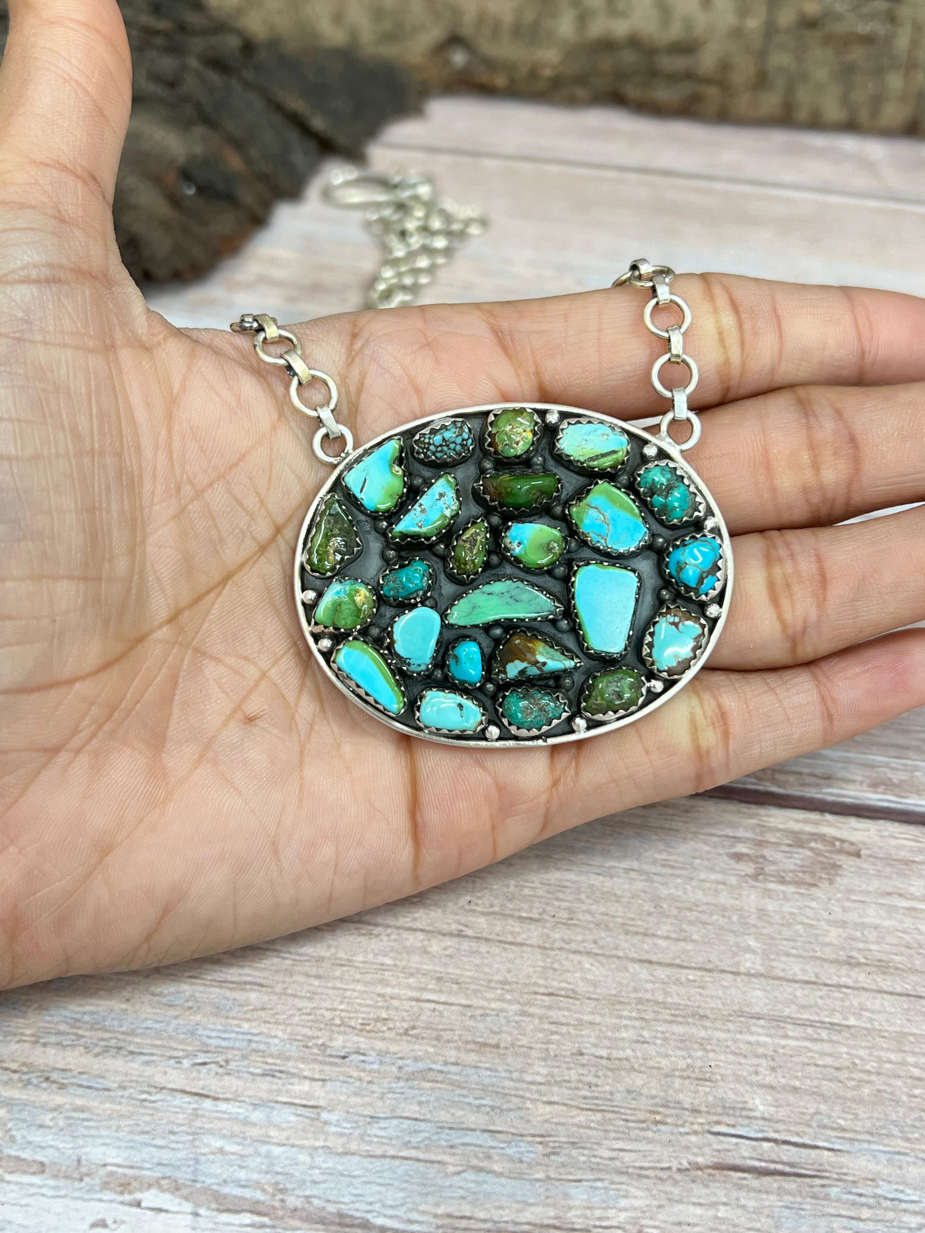 Handmade Sterling Silver Multi Stone Necklace with Signed Nizhoni