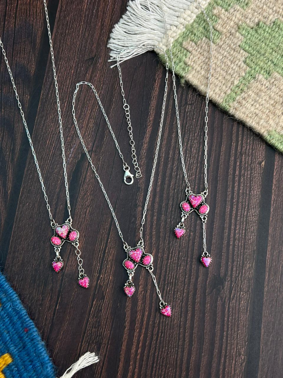 "Heart Collection" Handmade Sterling Silver Hot Pink Necklace "Signed Nizhoni"