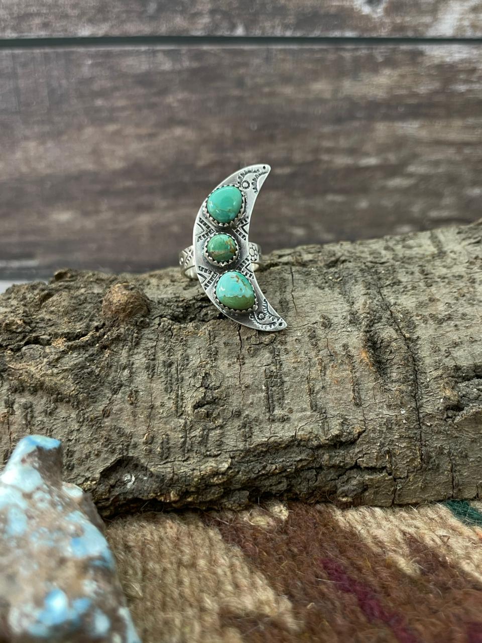 Handmade Sterling Silver Kingman Turquoise Moon Adjustable Ring "Signed Nizhoni"
