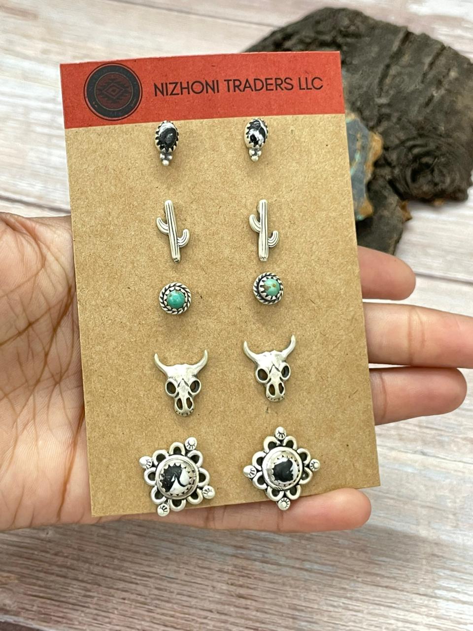 Handmade Sterling Silver White Buffalo with Kingman Turquoise Studs (Cards) Earrings Set