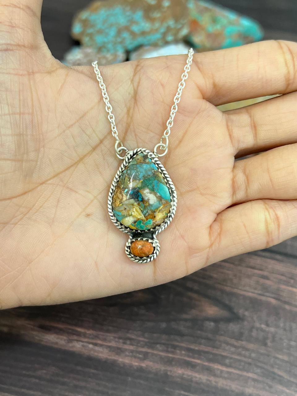 Handmade Sterling Silver Royston Turquoise with Orange Mojave Necklace, Signed Nizhoni