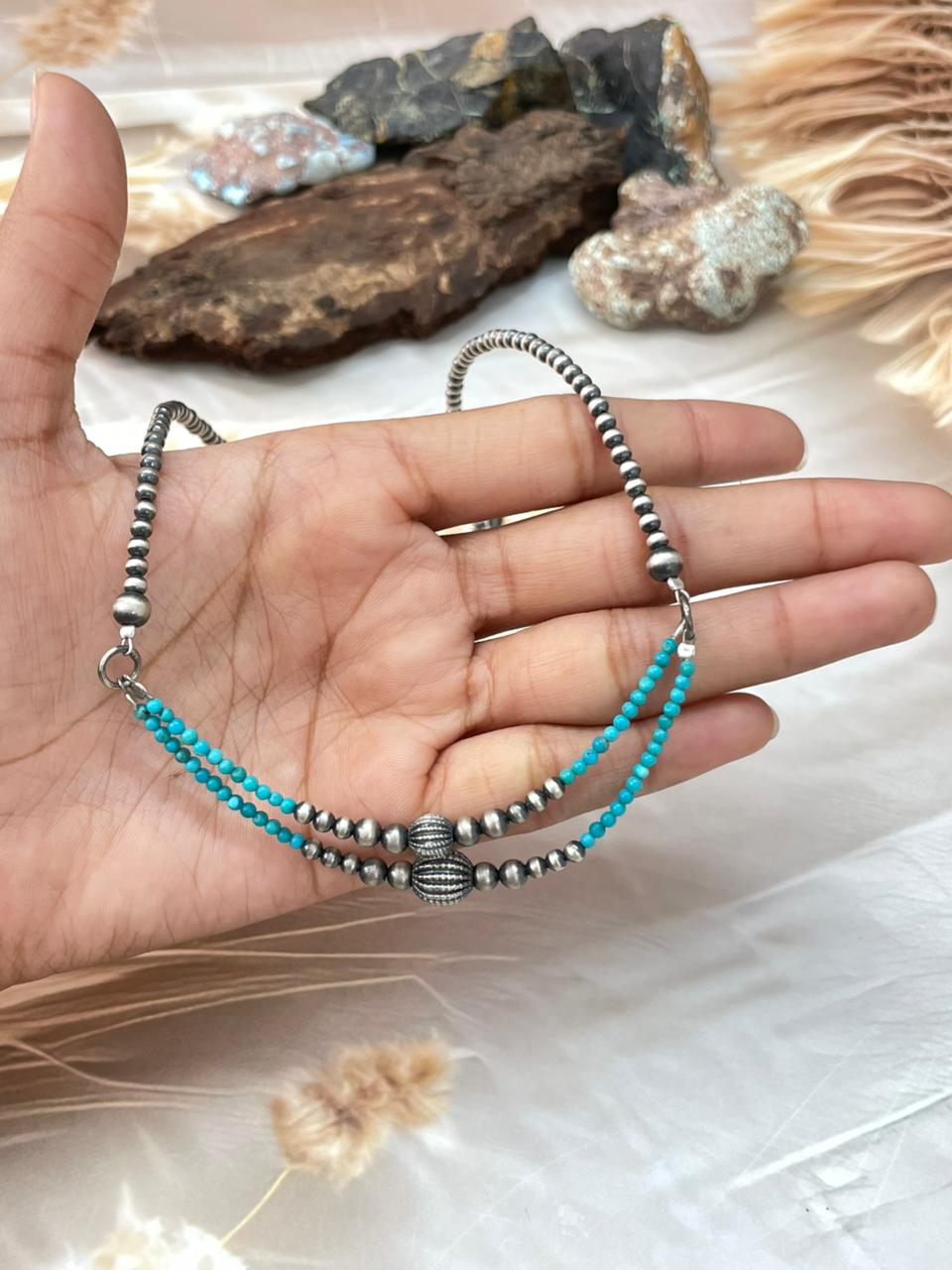Handmade Sterling Silver Kingman Turquoise Beaded Necklace "Signed Nizhoni"