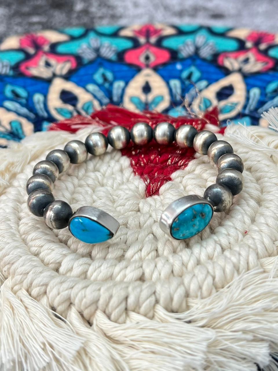 Handmade Sterling Silver Beaded Arizona Blue Turquoise Cuff Bracelet "Signed Nizhoni"