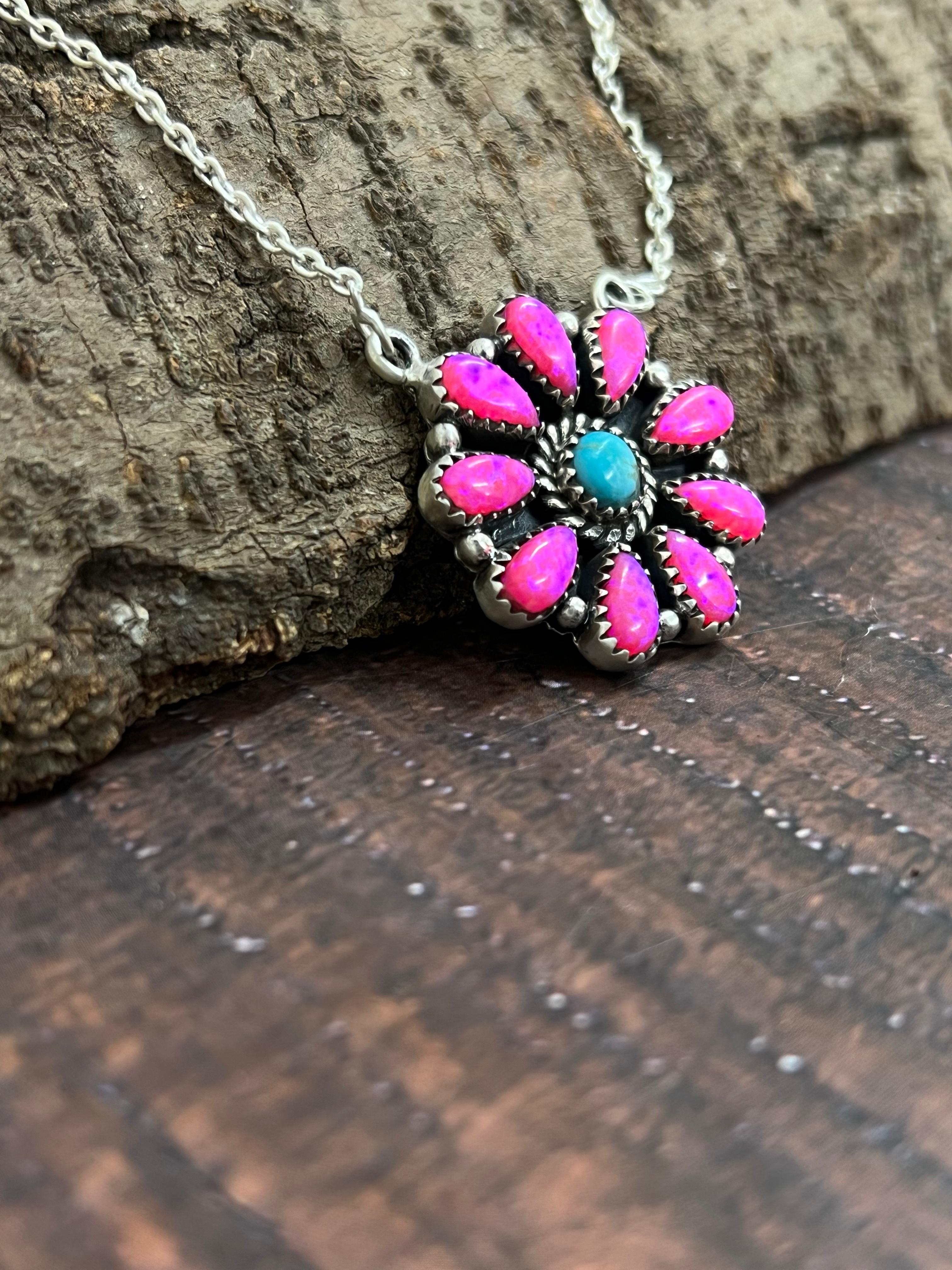 Handmade Sterling Silver Hot Pink with Kingman Turquoise Necklace, Signed Nizhoni