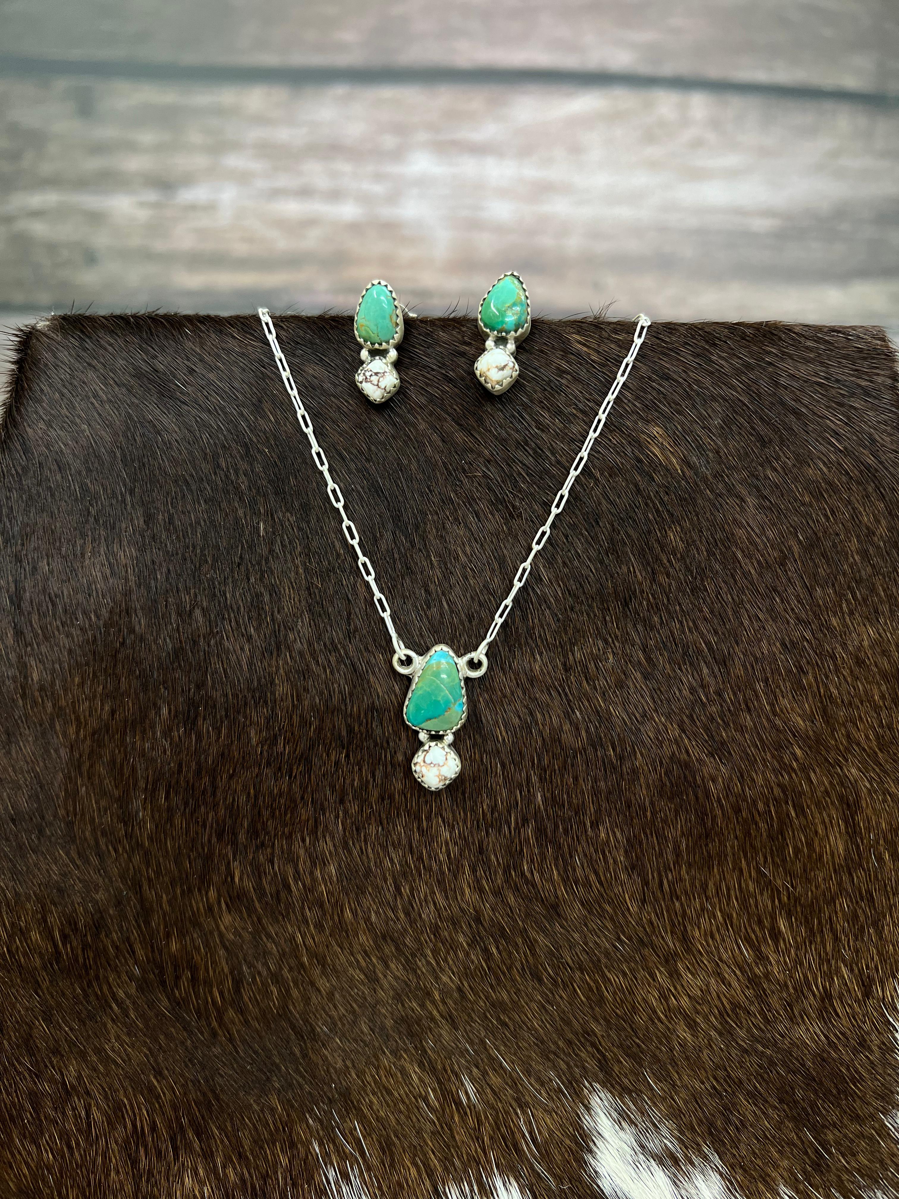 Handmade Sterling Silver Kingman Turquoise, Wild Horse Magnesite Necklace Earrings Set with Signed Nizhoni