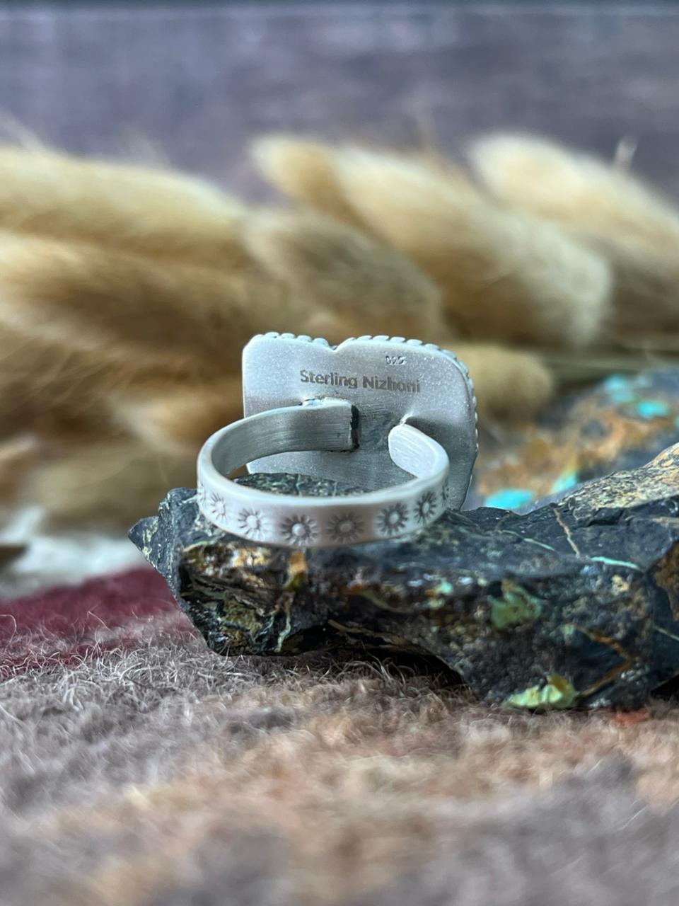 Handmade Sterling Silver Royston Ribbon Turquoise Adjusatble Ring "Signed Nizhoni"