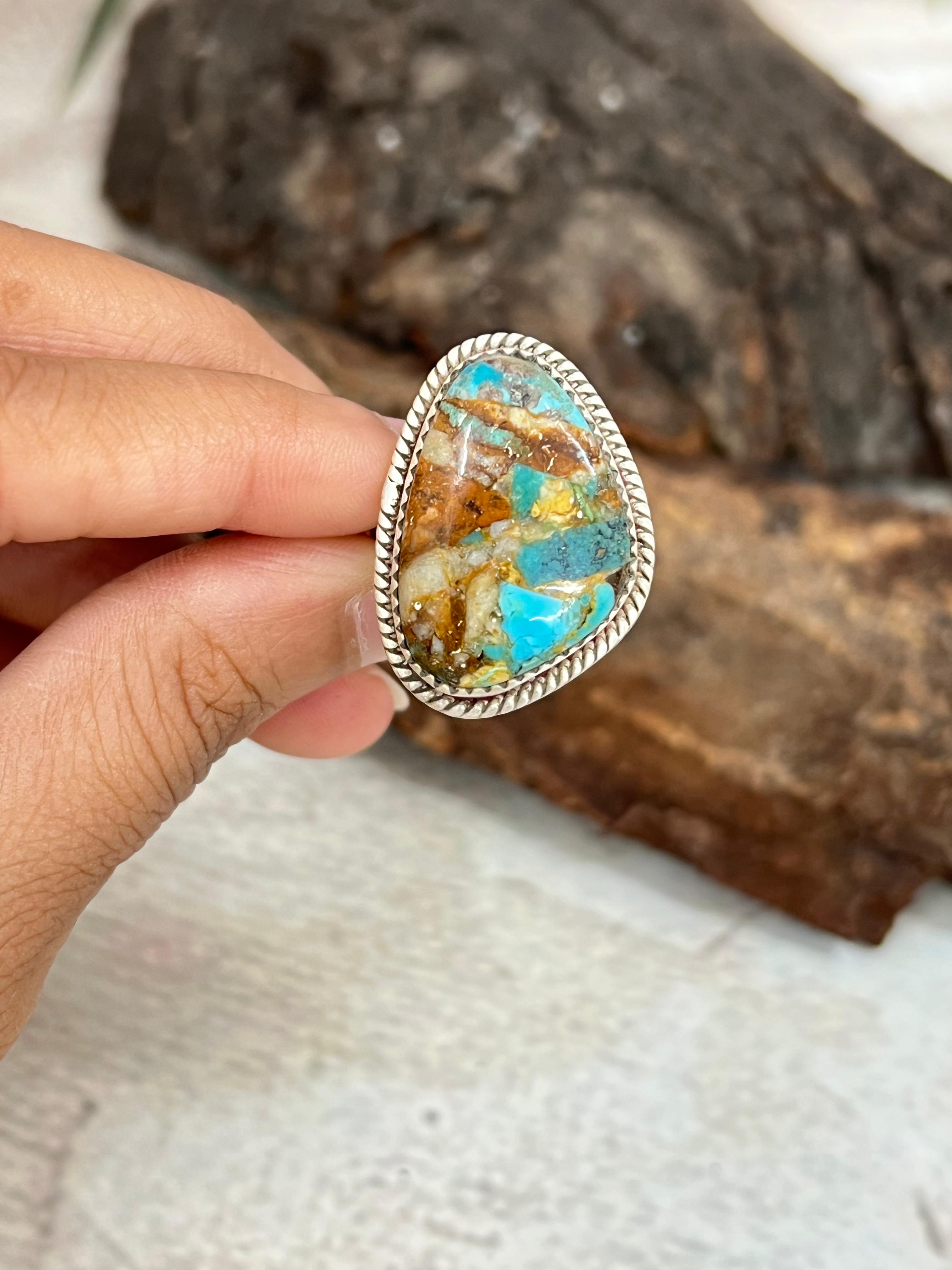 Handmade Sterling Silver Royston Turquoise Adjustable Ring with Signed Nizhoni