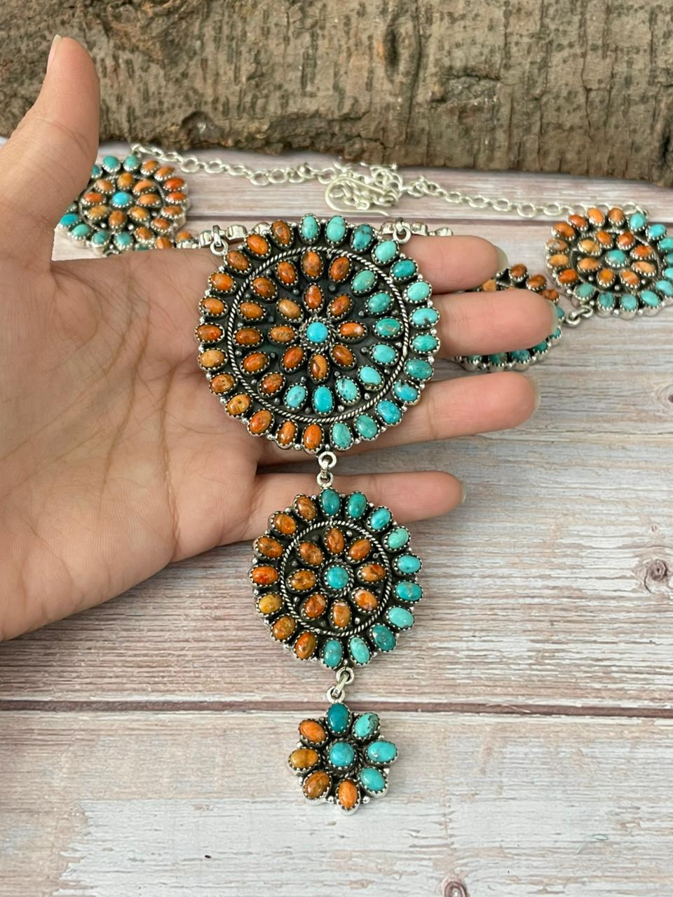 Handmade Sterling Silver Orange Mojave with Kingman Turquoise Necklace "Signed Nizhoni"