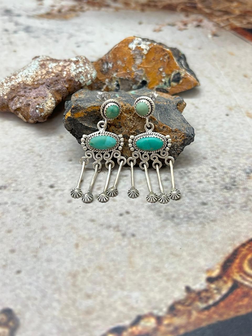 Handmade Sterling Silver Kingman Turquoise Post Dangle Earrings "Signed Nizhoni"