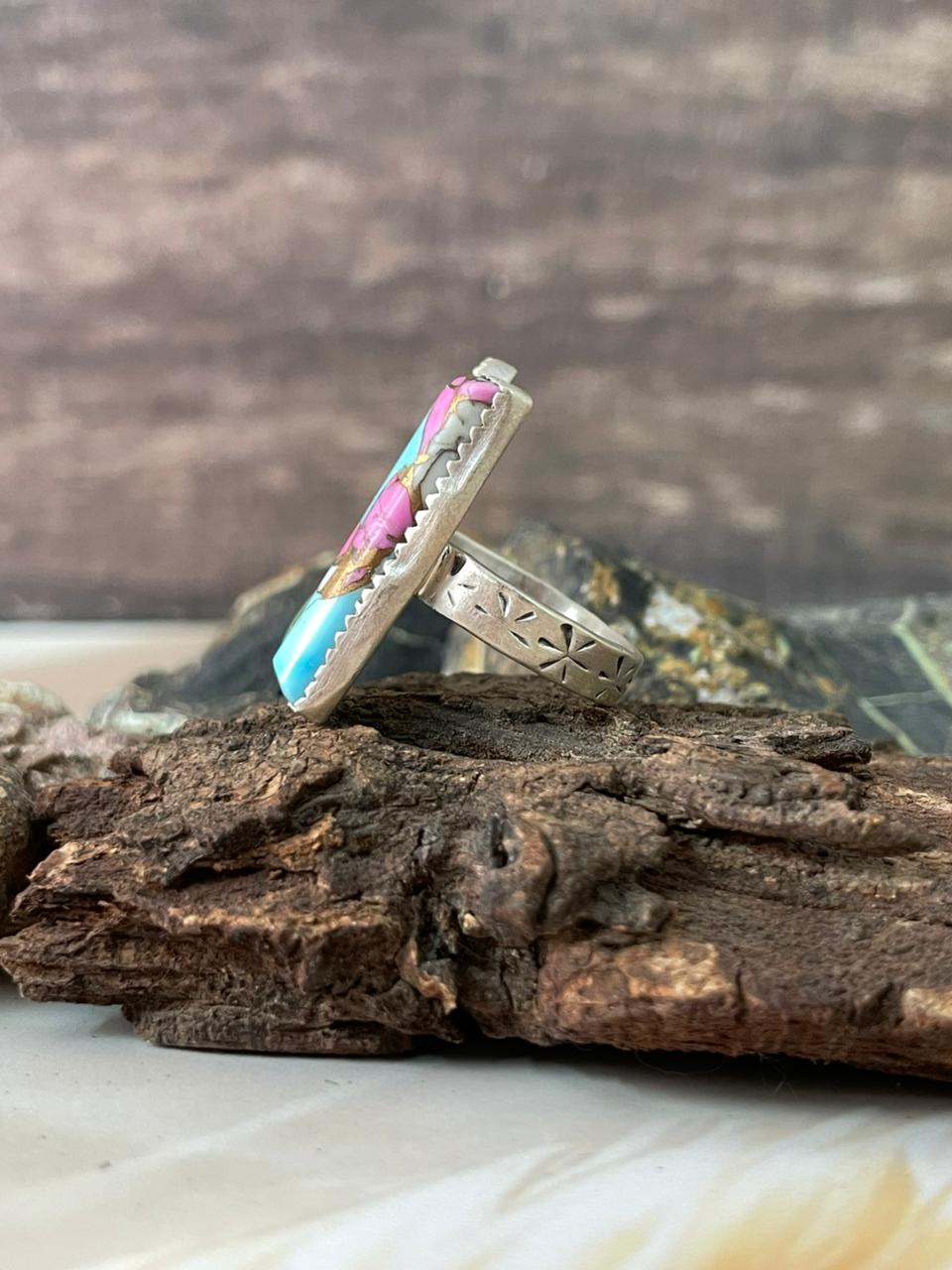 Handmade Sterling Silver Spring Collection: Cotton Candy with Sonoran Mountain Turquoise Adjustable Ring "Signed Nizhoni"