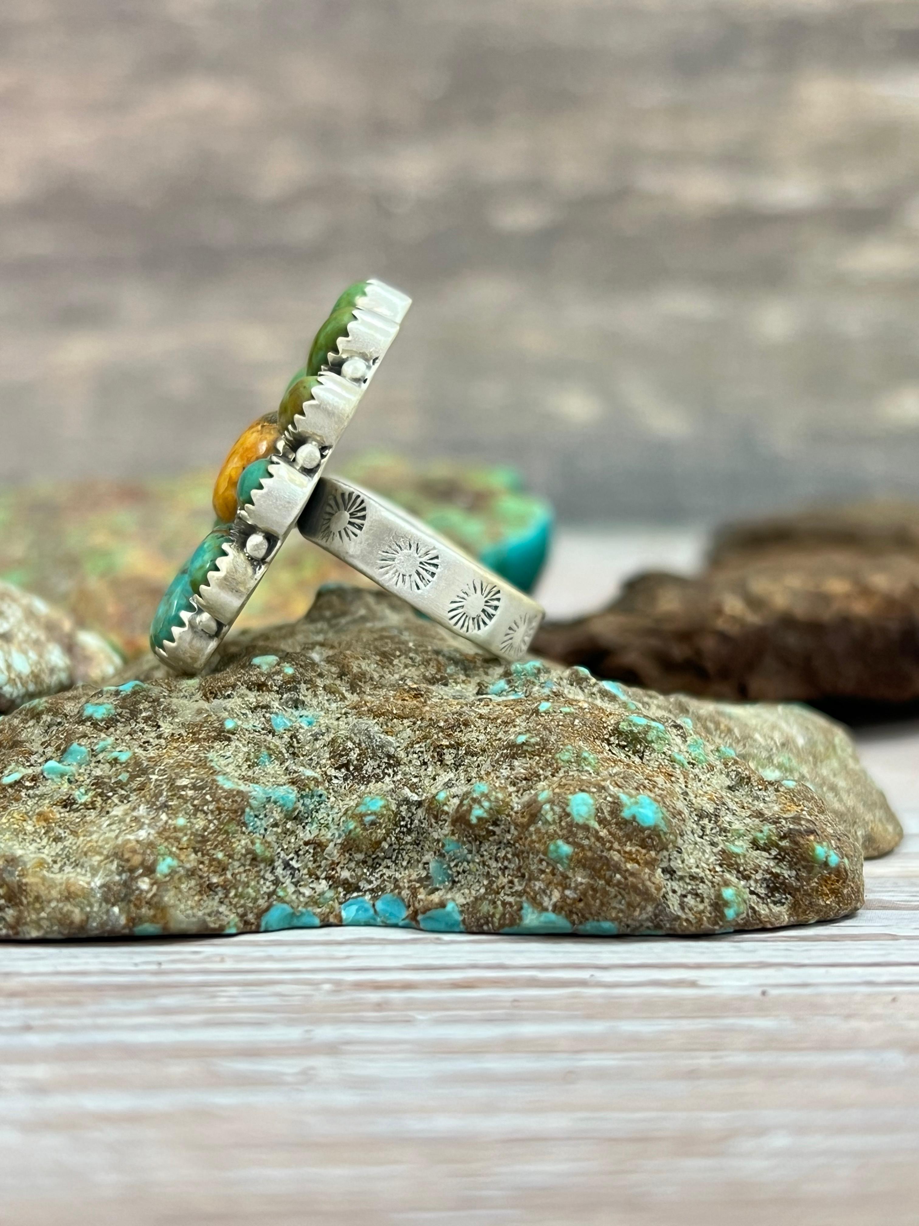 Handmade Sterling Silver Kingman Turquoise, Bumblebee Adjustable Ring with Signed Nizhoni