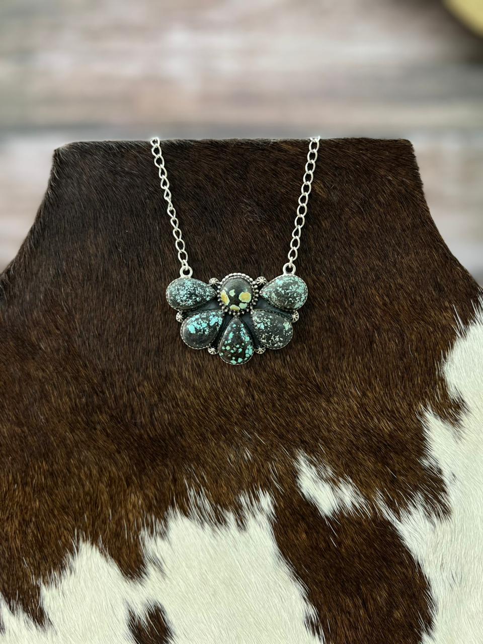 Handmade Sterling Silver Lander Turquoise Necklace with Signed Nizhoni