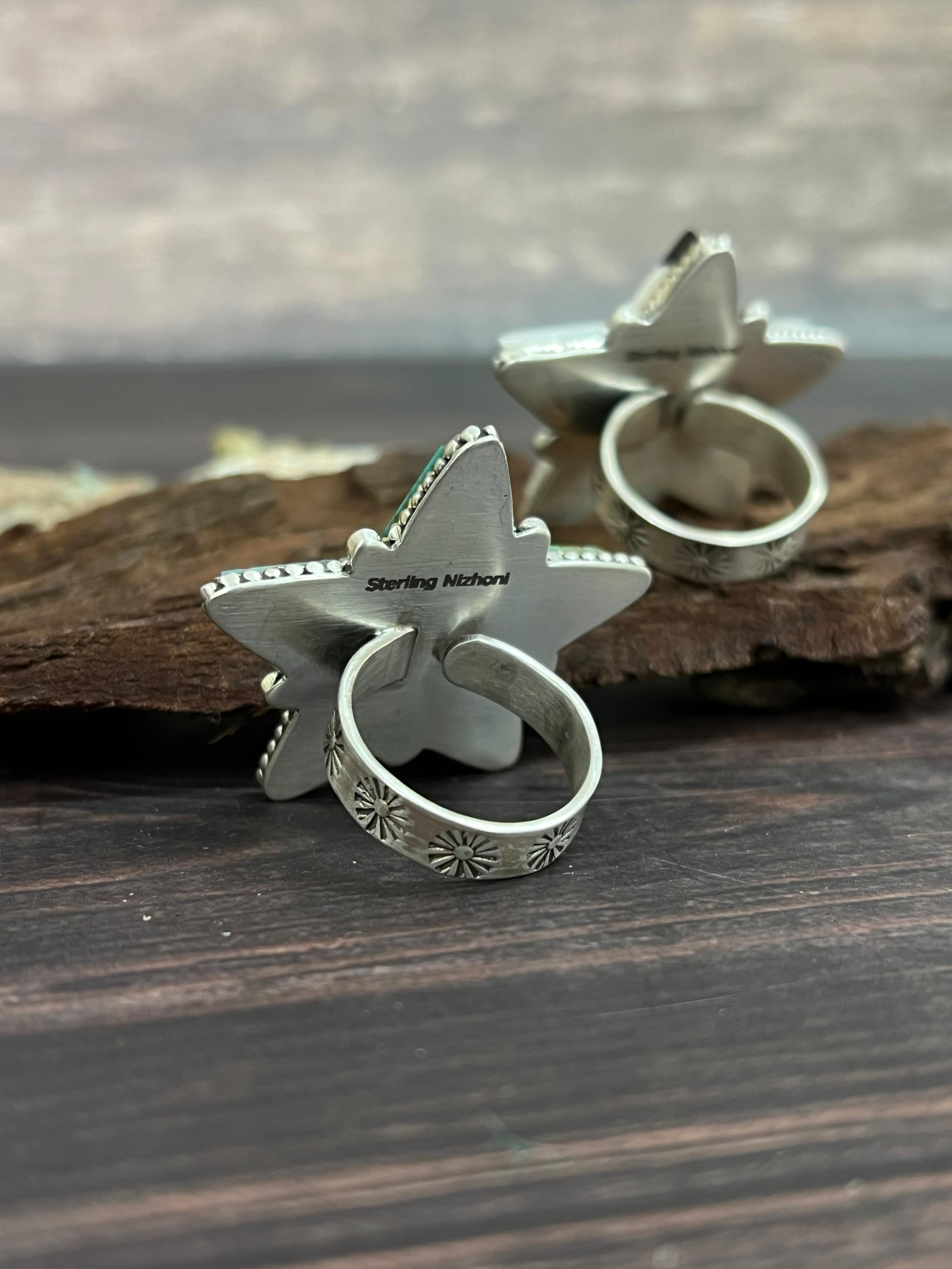 Handmade Sterling Silver White Buffalo, Kingman Turquoise Star Adjustable Ring, Signed Nizhoni (1)