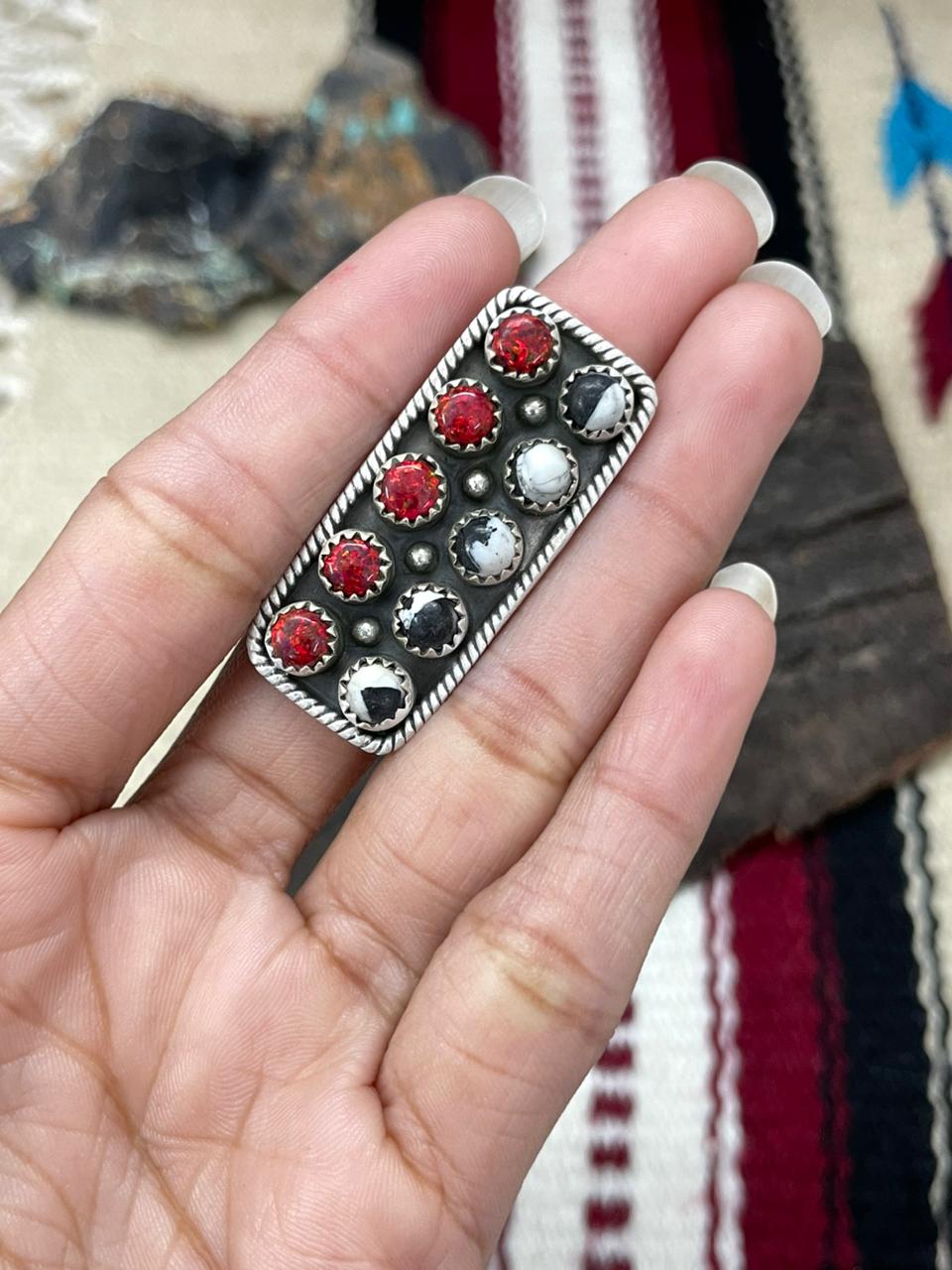 "Christmas Collection" Handmade Sterling Silver White Buffalo with Red Opal Adjustable Ring "Signed Nizhoni"