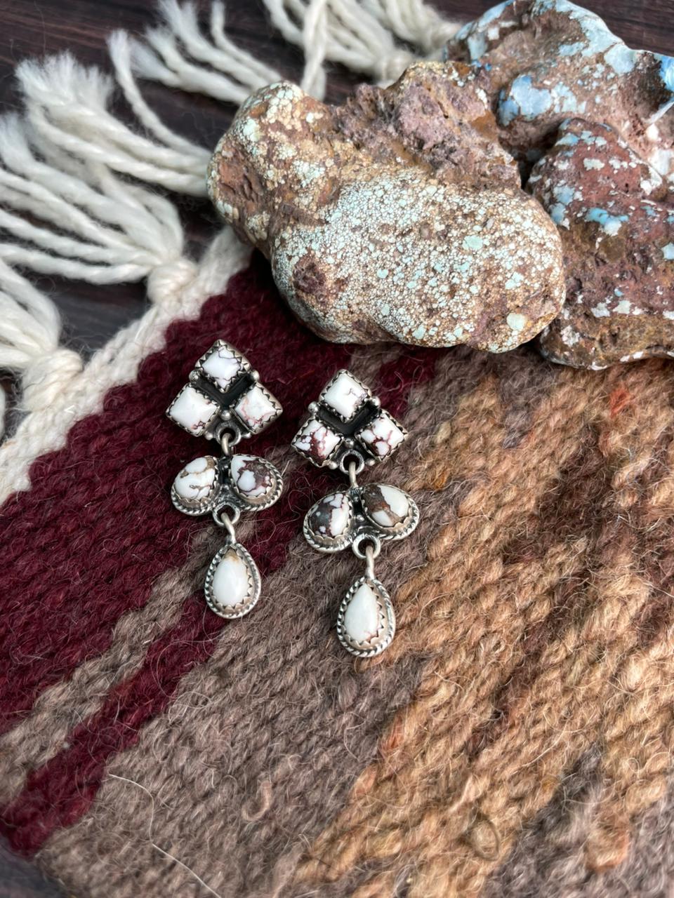 Handmade Sterling Silver Wildhorse Magnesite Post Dangle Earrings "Signed Nizhoni"