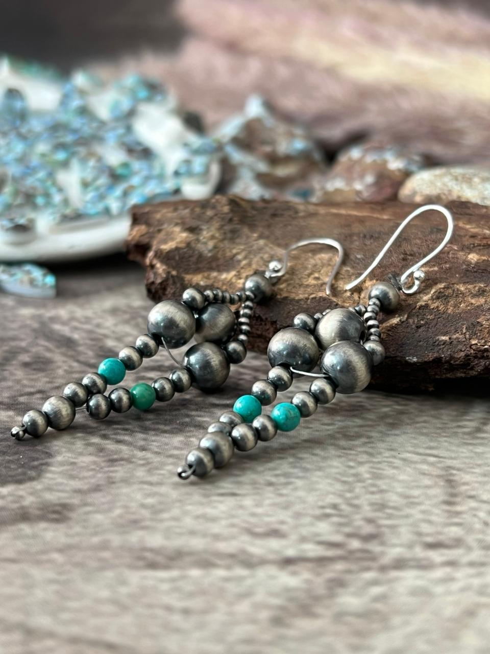 Handmade Sterling Silver Kingman Turquoise Hook Dangle Beaded Earrings