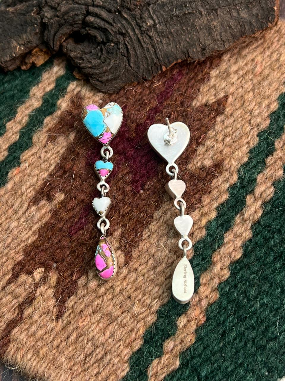 "Heart Collection" Handmade Sterling Silver Cotton Candy Post Dangle Earrings "Signed Nizhoni"