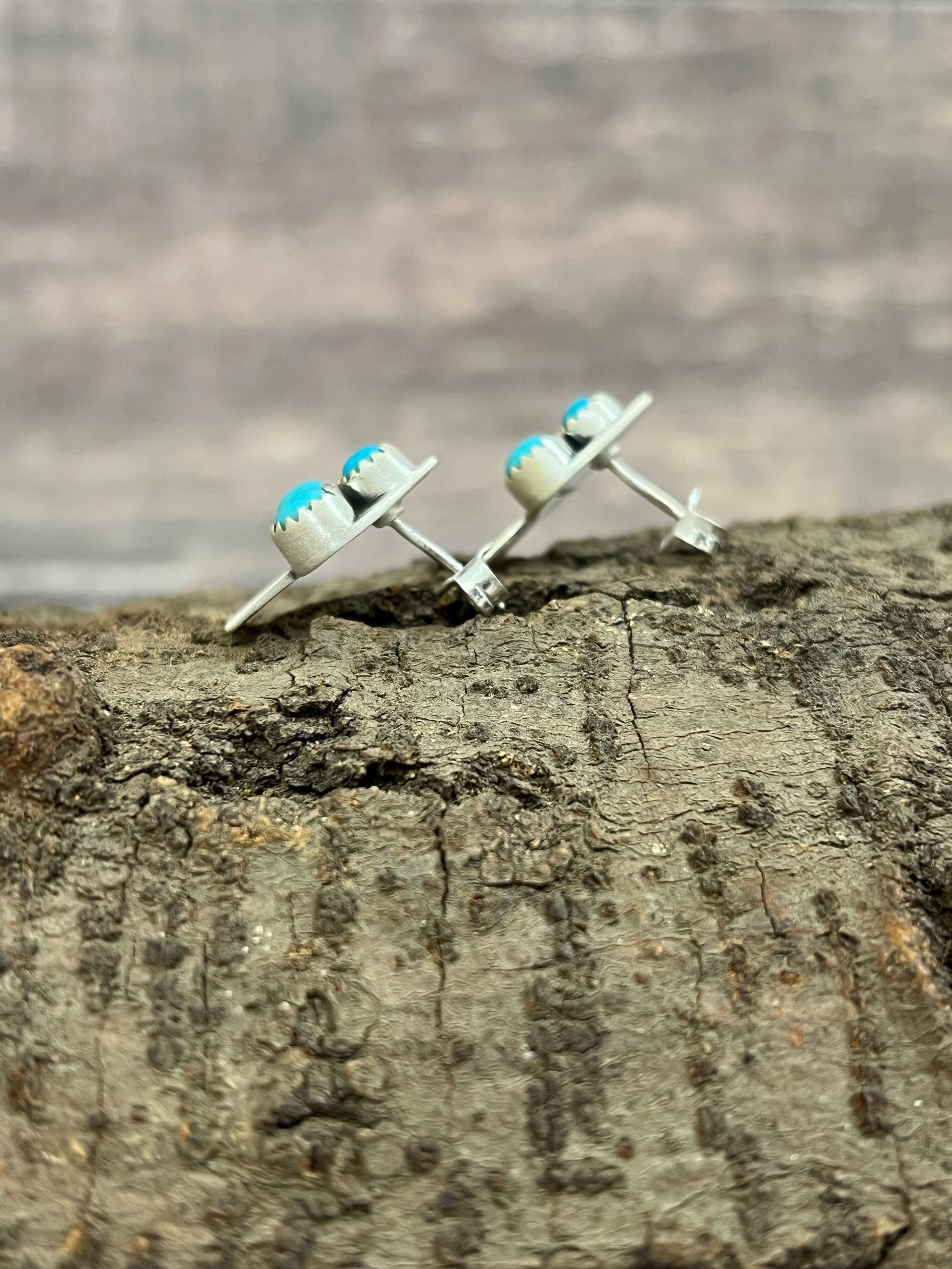 Handmade Sterling Silver Kingman Turquoise Post Earrings with Signed Nizhoni