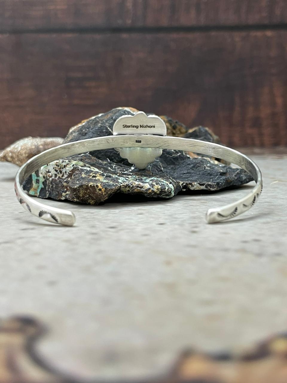 Handmade Sterling Silver Blackjack Turquoise Heart Cuff Bracelet "Signed Nizhoni"