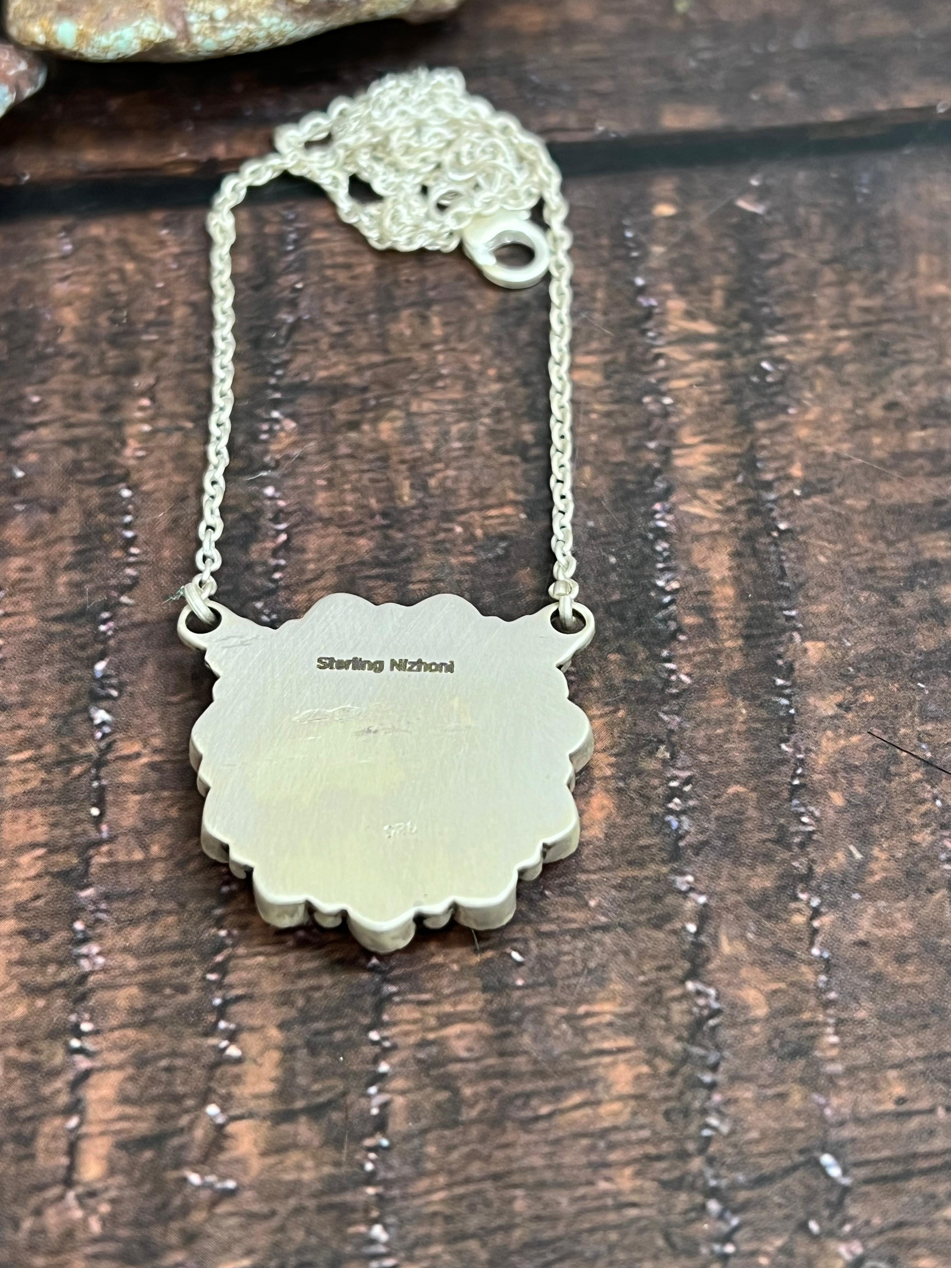 Handmade Sterling Silver Dahlia Rose, Kingman Turquoise Necklace with Signed Nizhoni