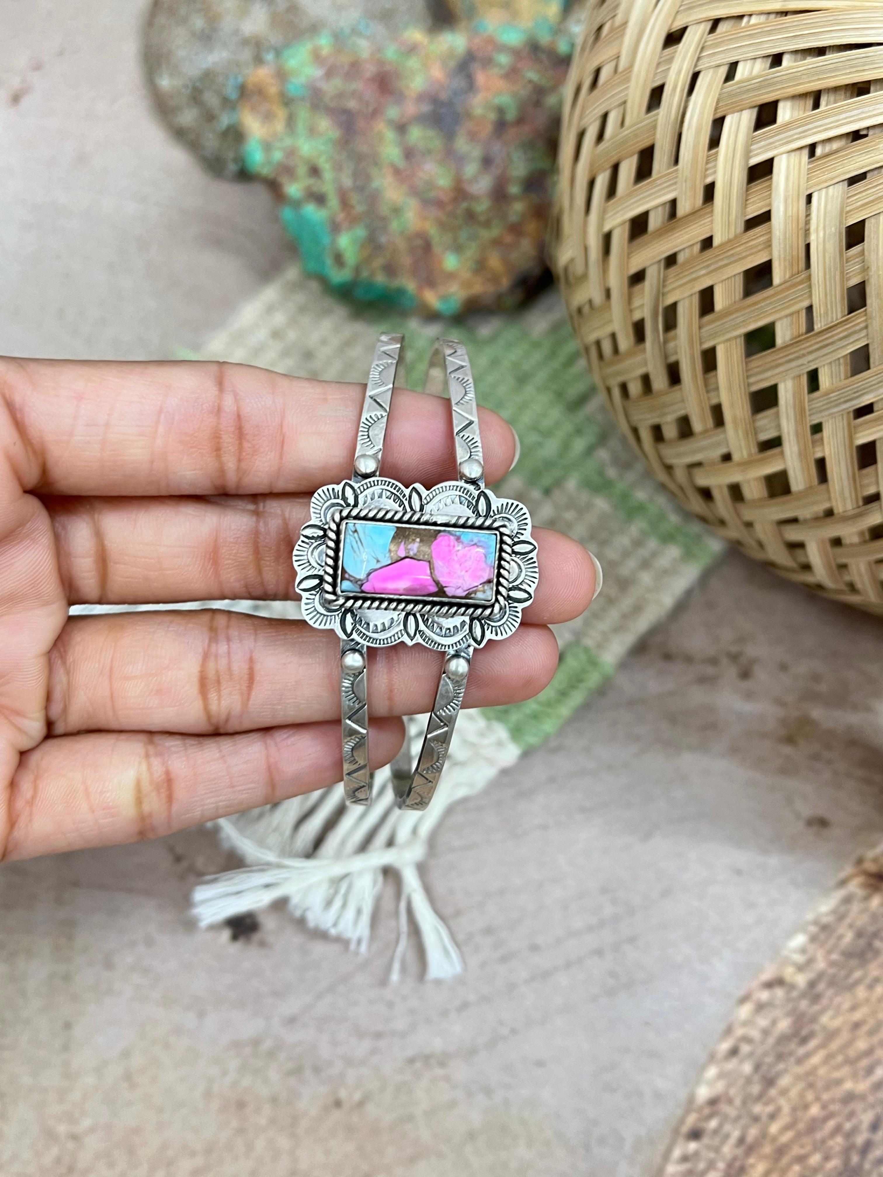 Handmade Sterling Silver Cotton Candy Turquoise Cuff Bracelet with Signed Nizhoni