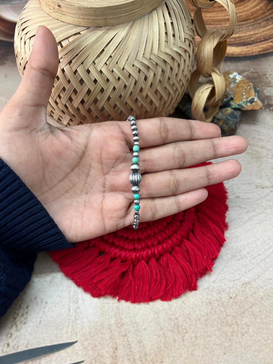 Handmade Sterling Silver Beaded Kingman Turquoise Bracelet