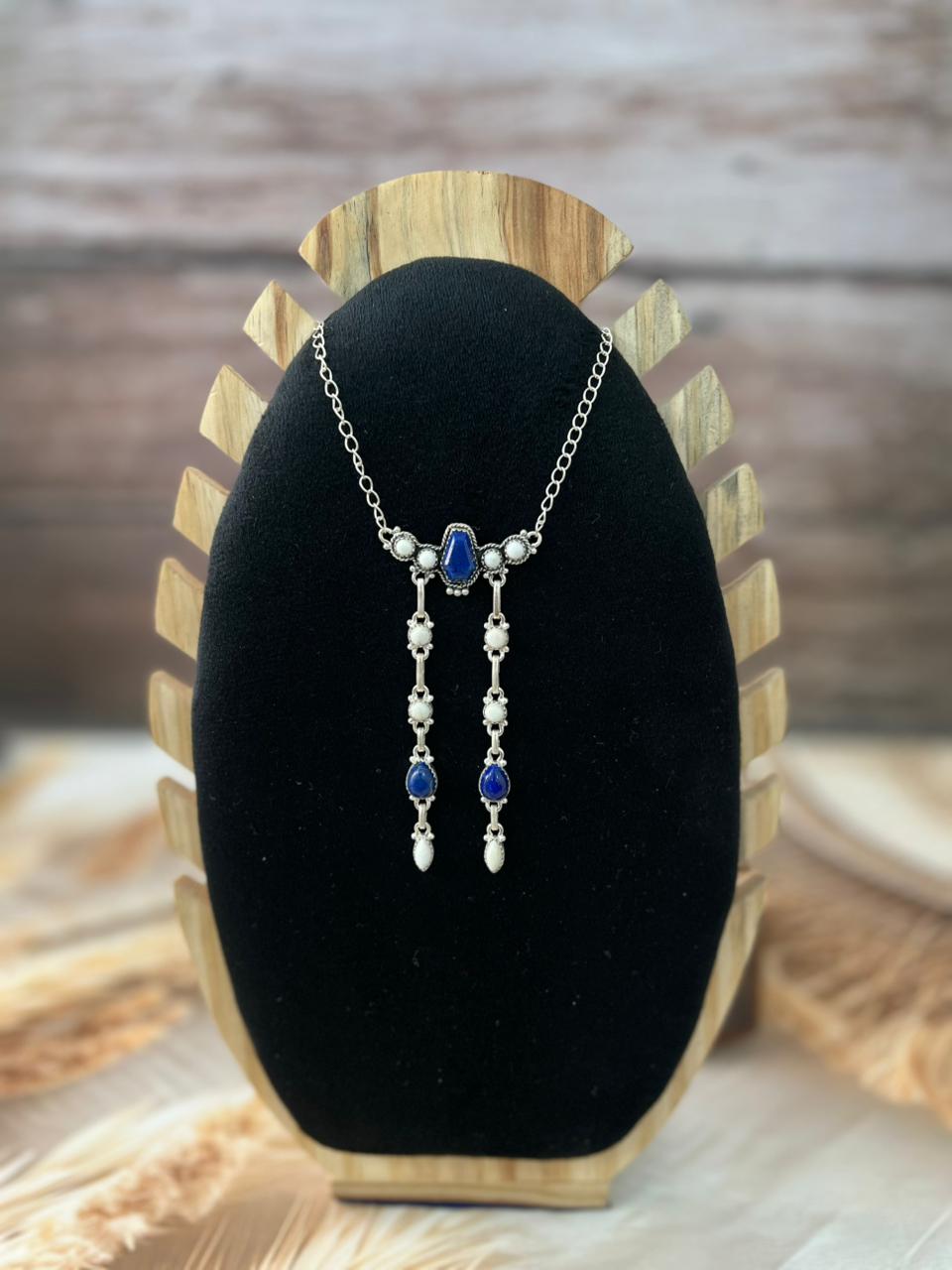 Handmade Sterling Silver White Buffalo with Lapis Necklace "Signed Nizhoni"