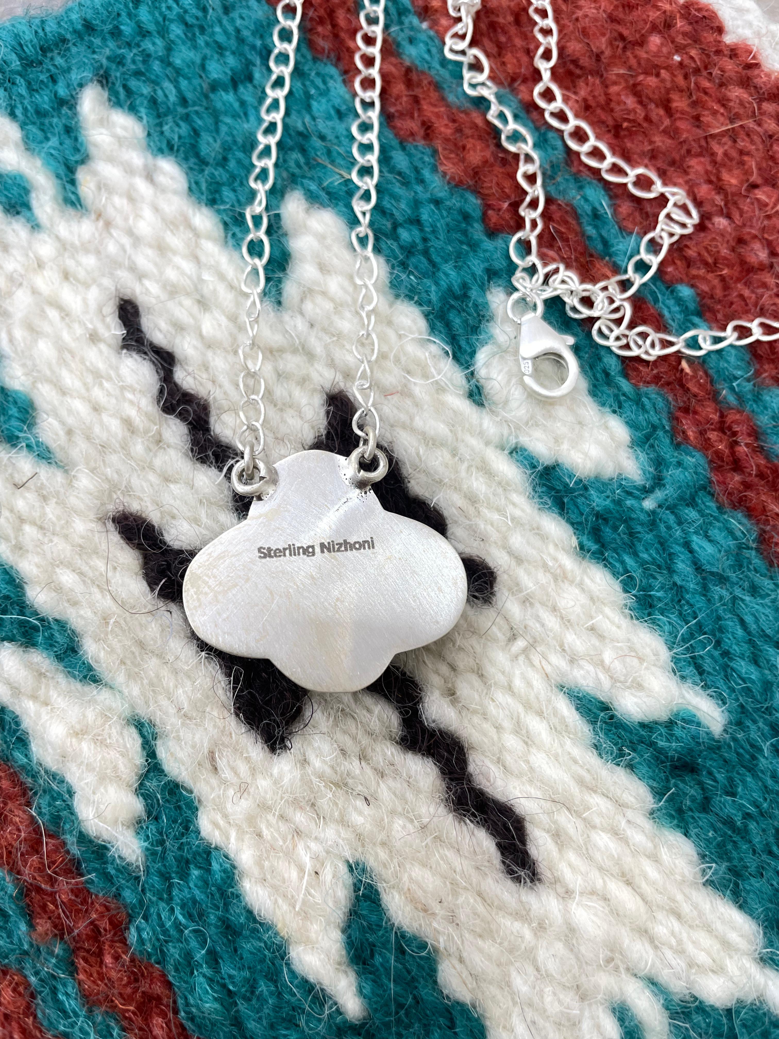 Handmade Sterling Silver Kingman Turquoise Necklace with Signed Nizhoni