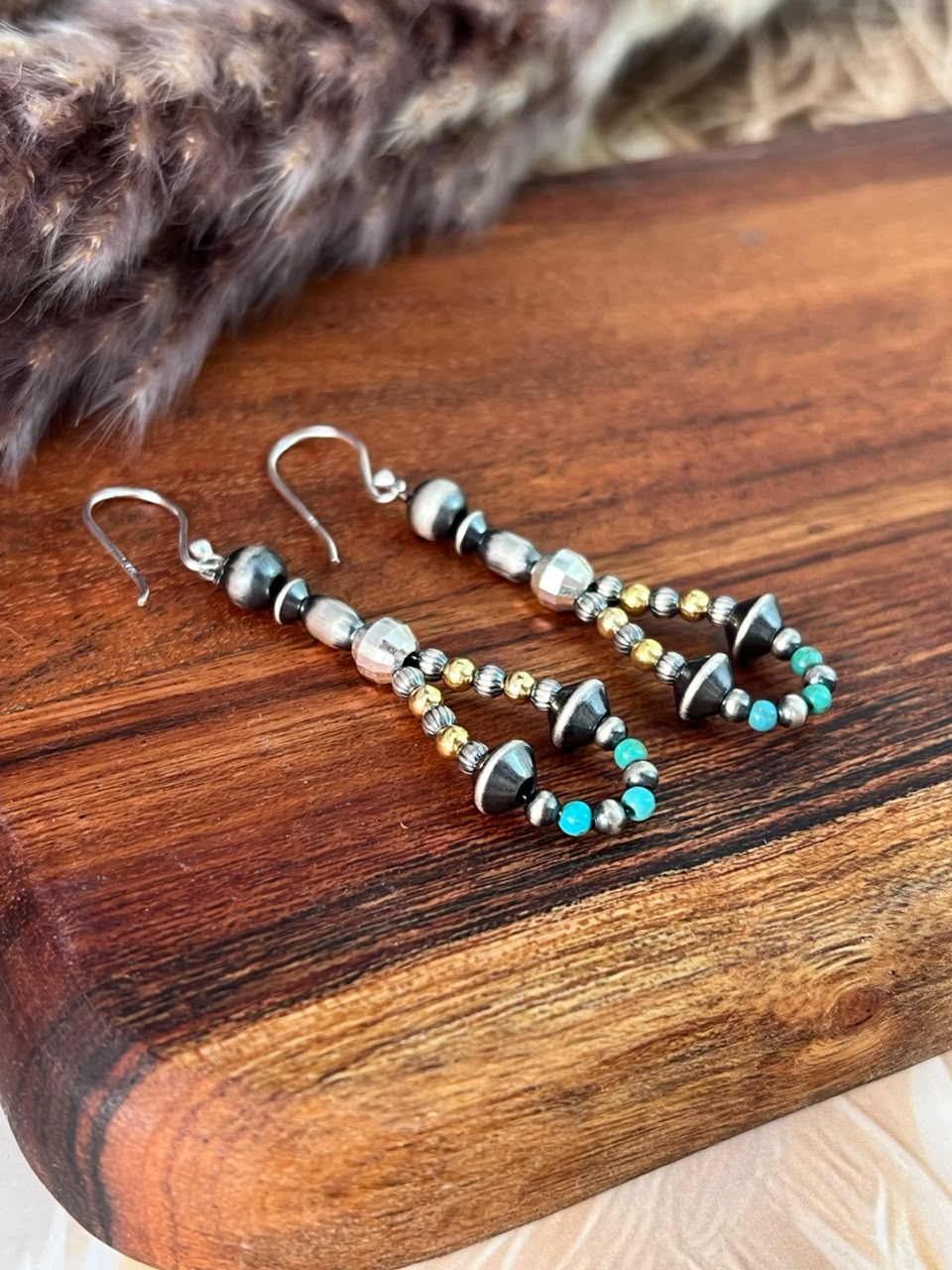Handmade Sterling Silver Kingman Turquoise Beaded Hook Dangle Earrings