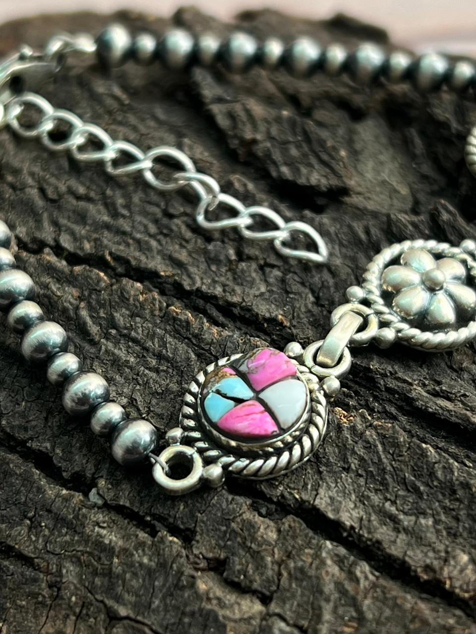 Handmade Sterling Silver Beaded Cotton Candy Bracelet "Signed Nizhoni"