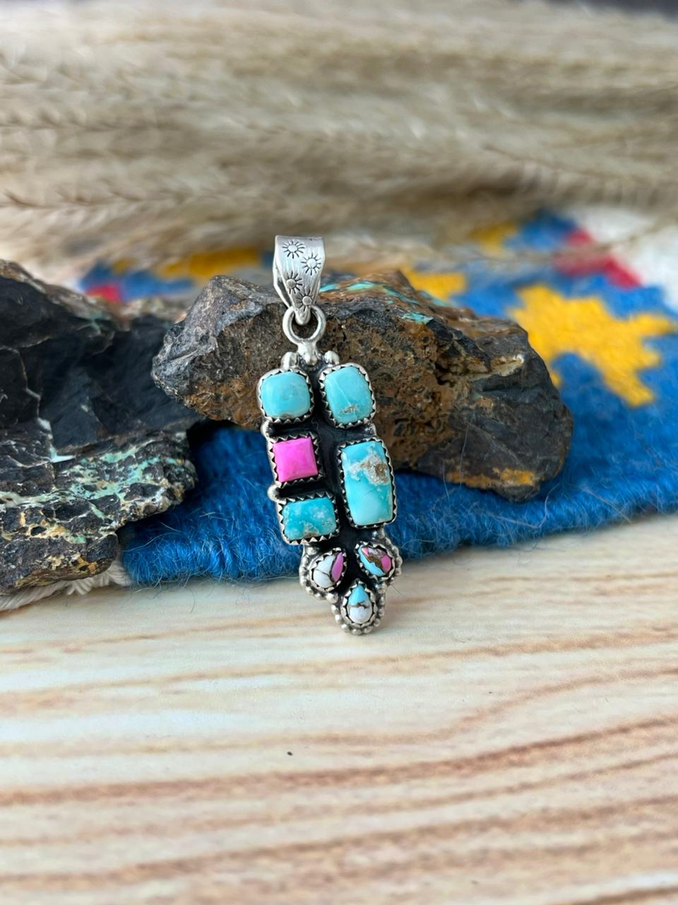 Handmade Sterling Silver Cotton Candy with White Water Turquoise Pendant "Signed Nizhoni"