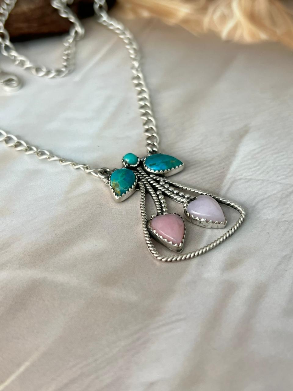 Handmade Sterling Silver Pink Opal with Kingman Turquoise Cherry Necklace "Signed Nizhoni"